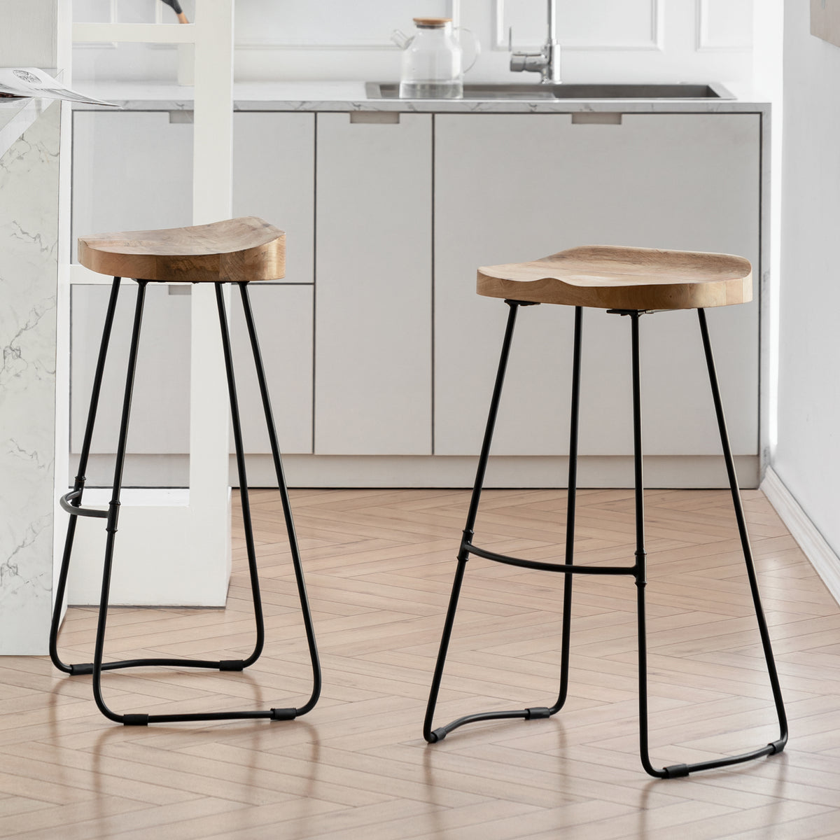 Lara Saddle Seat Solid Wood Bar Stools Set of 2 - Natural - Default Title