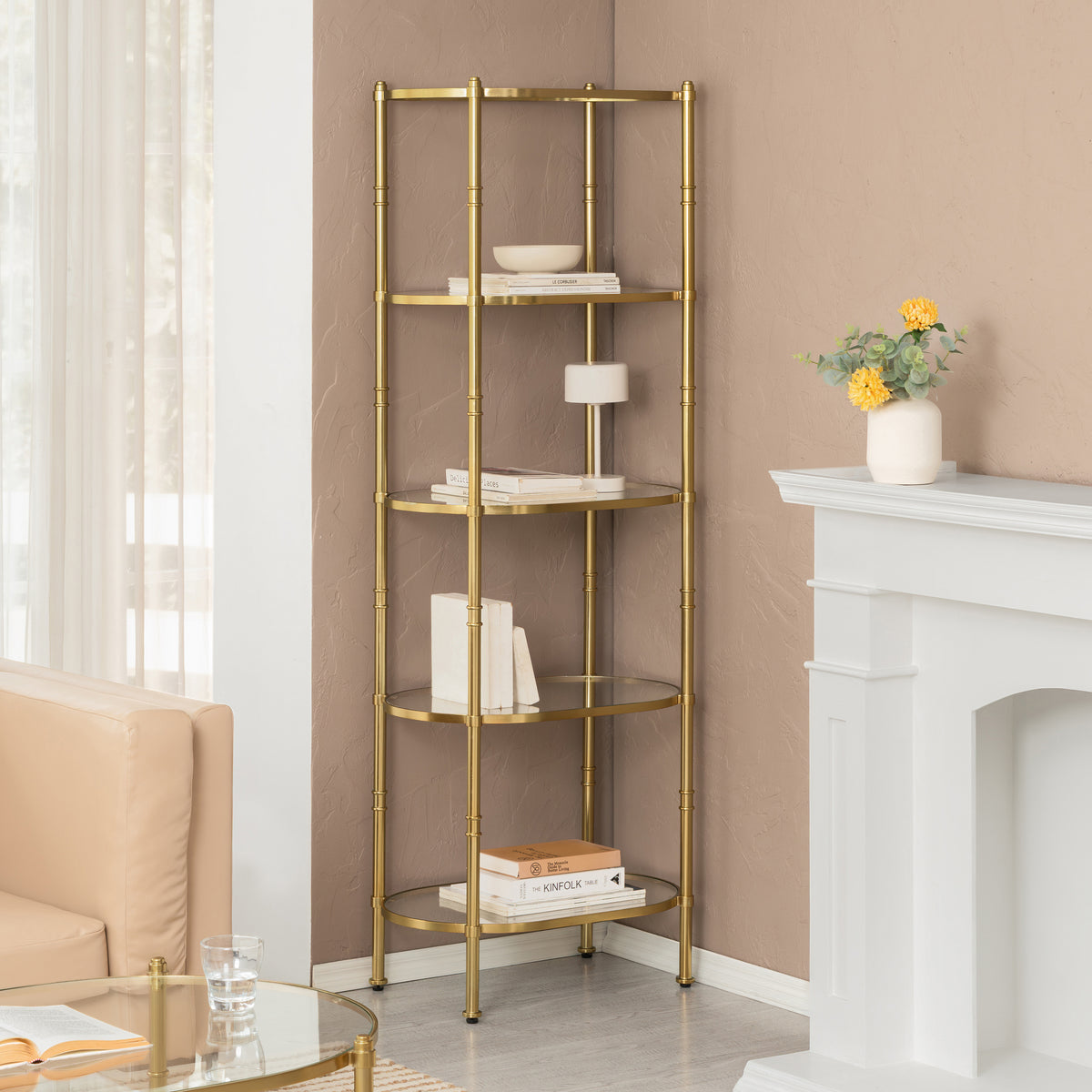 Remi Metal & Tempered Glass Bookcase - Antique Brass