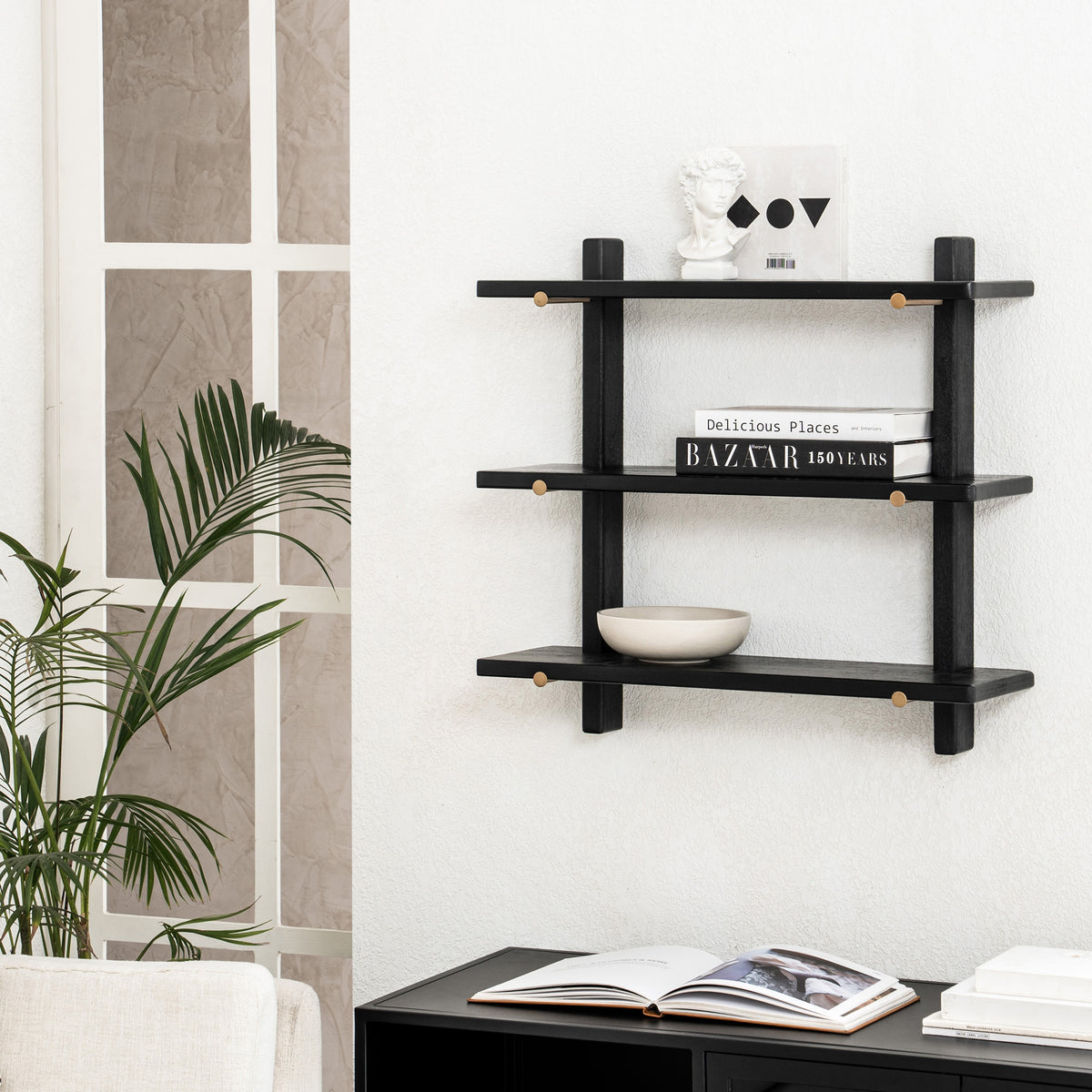 Oliver Solid Wood Wall Mounted Shelf - Black-gold