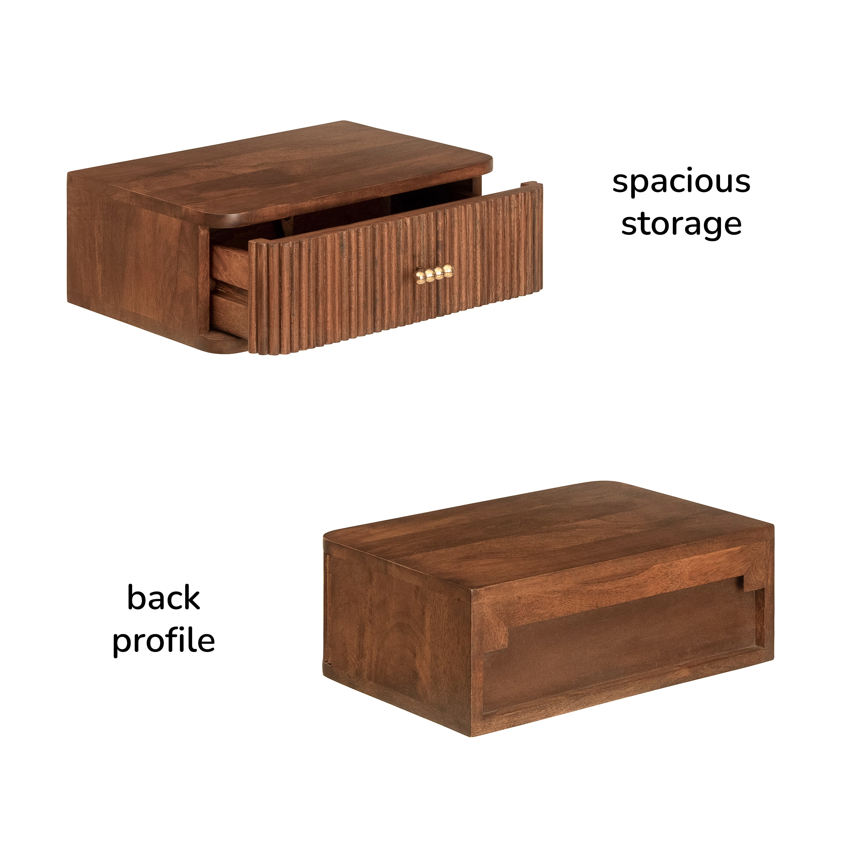 Albert Solid Mango Wood Floating Shelf with Drawer - Walnut