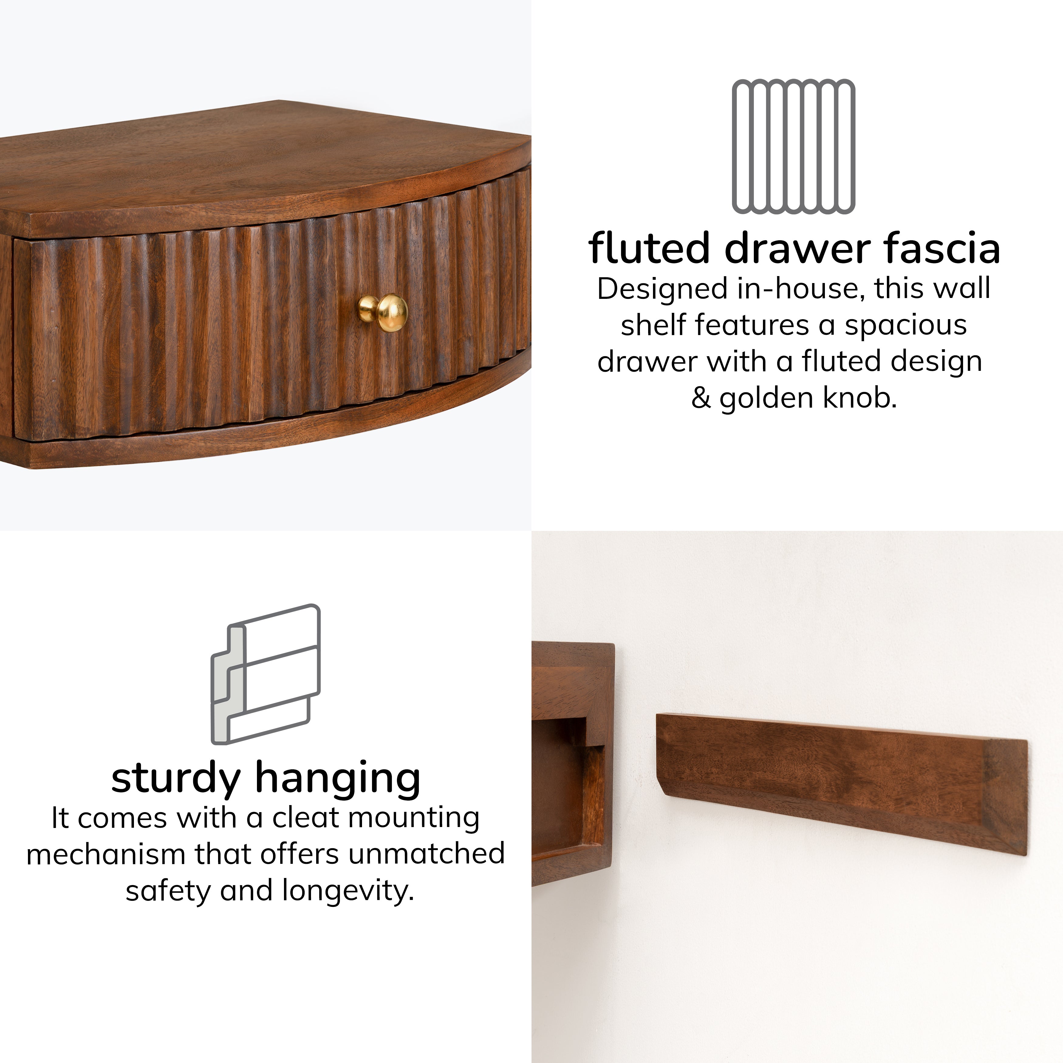 Cilo Solid Mango Wood Floating Shelf with Drawer - Walnut