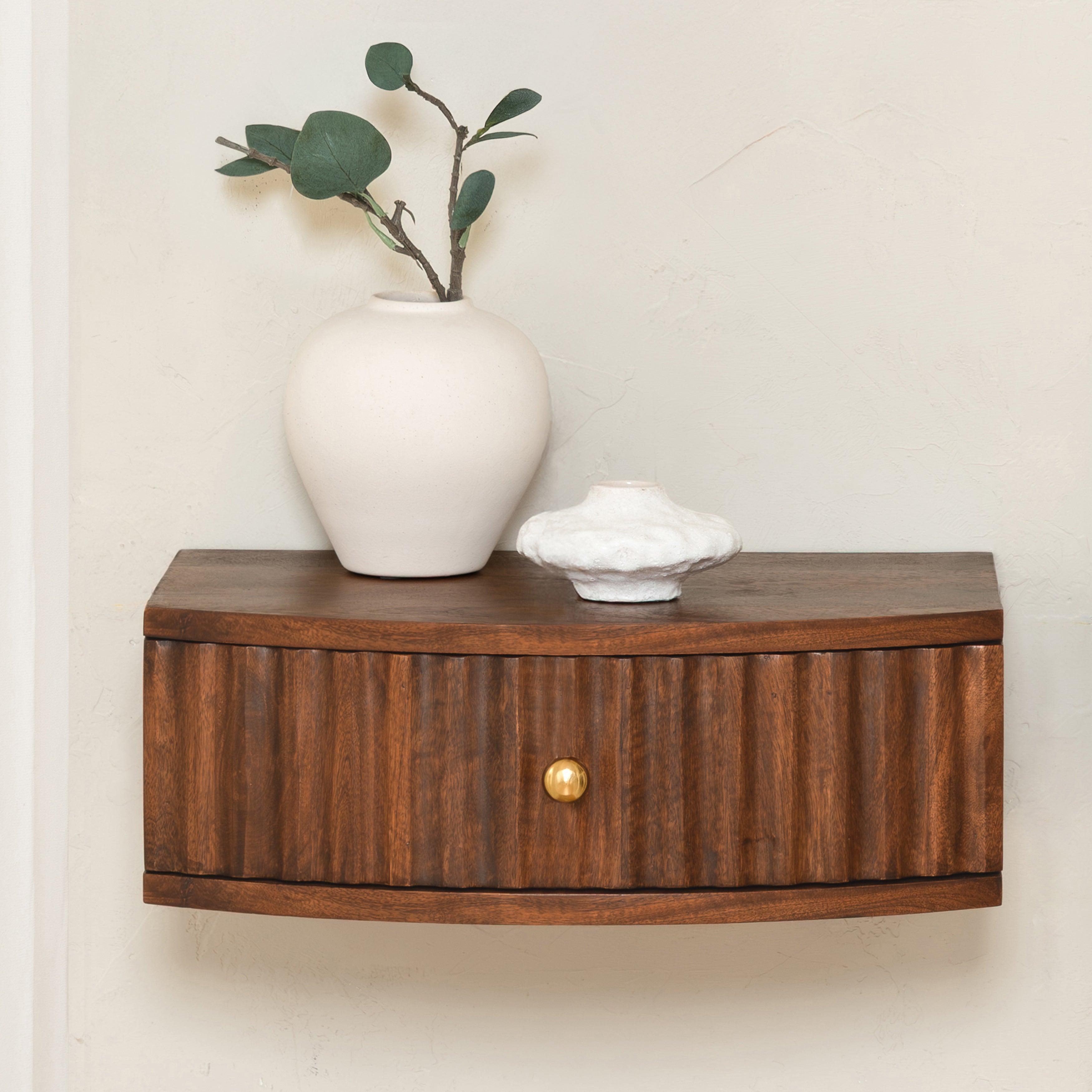 Cilo Solid Mango Wood Floating Shelf with Drawer - Walnut