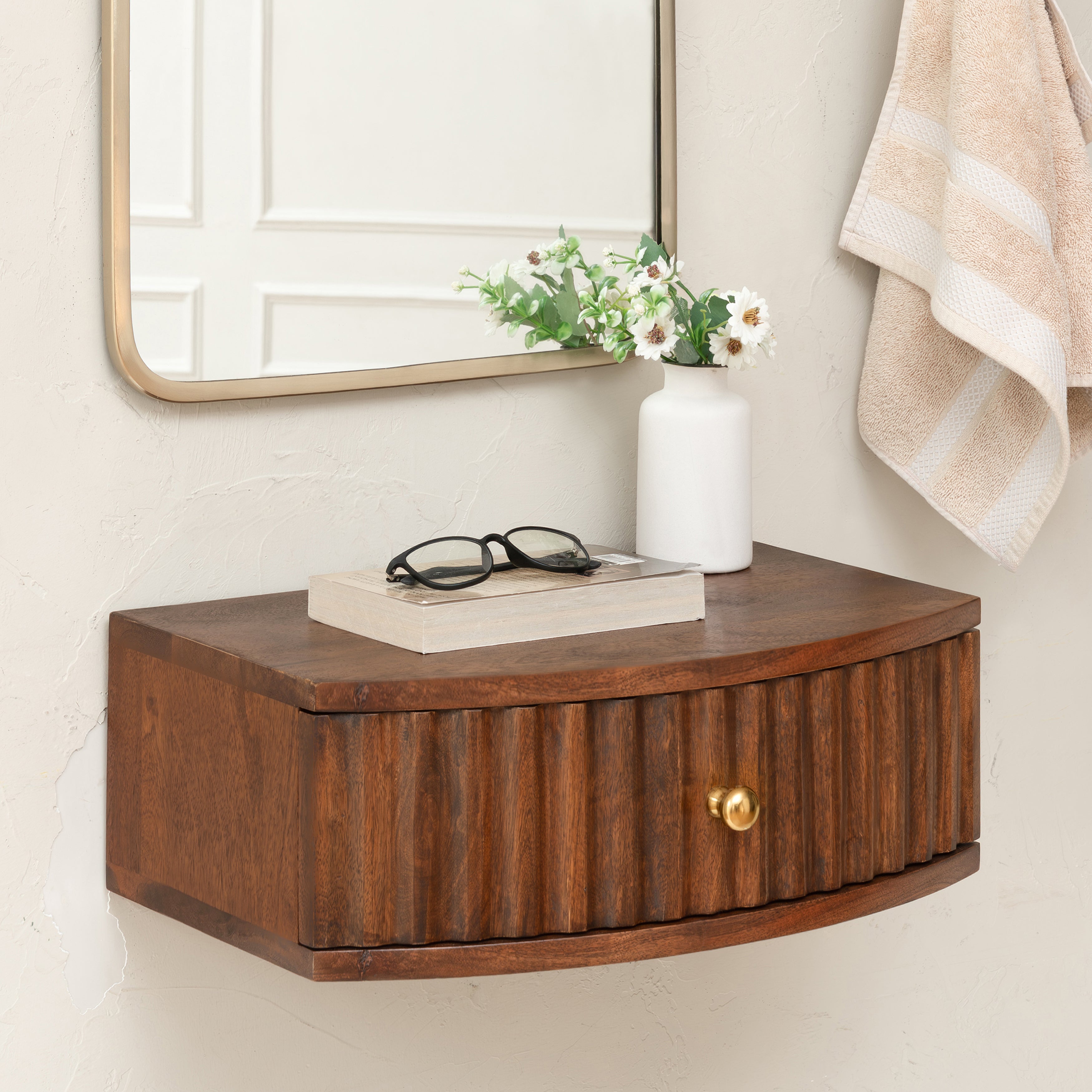 Cilo Solid Mango Wood Floating Shelf with Drawer - Walnut