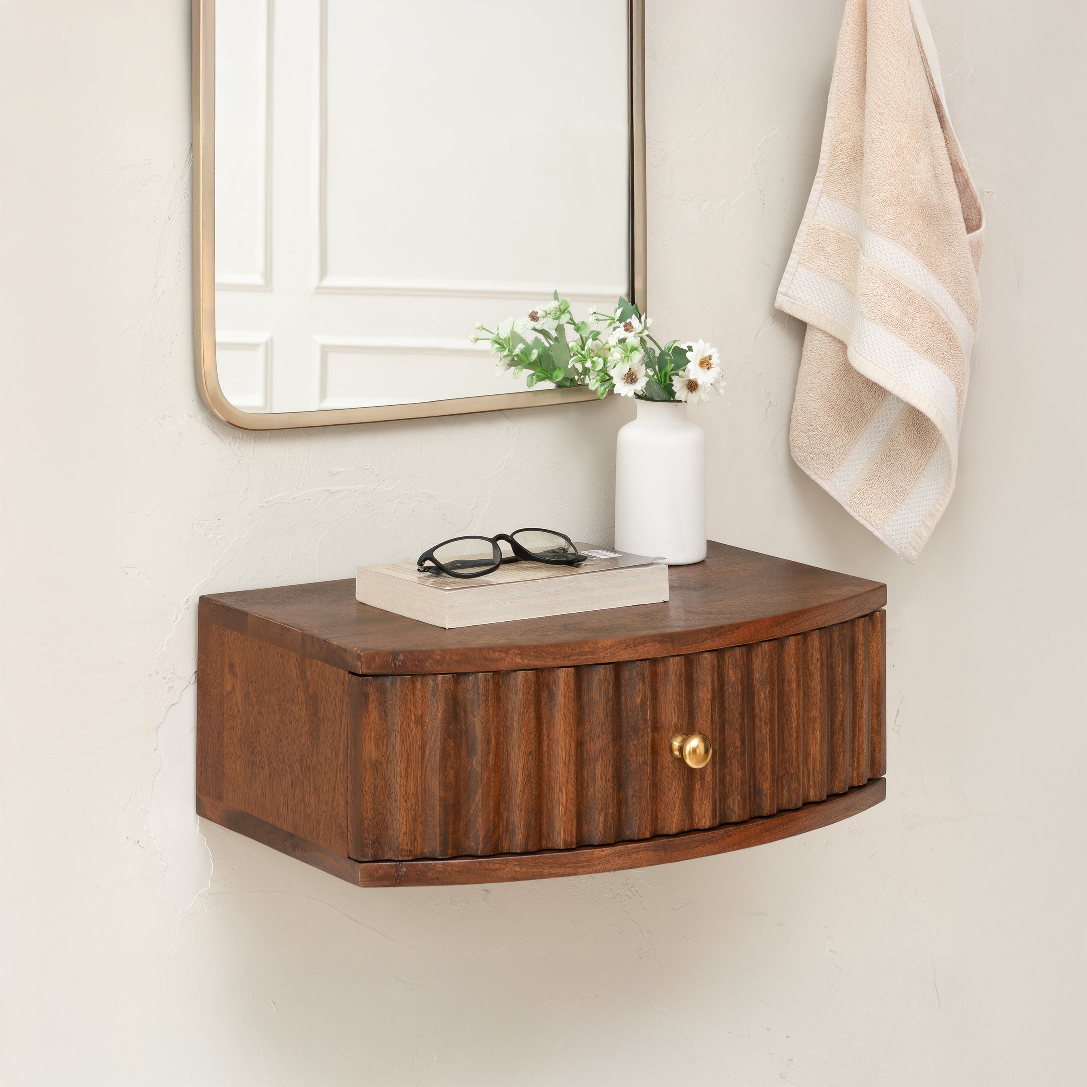 Cilo Solid Mango Wood Floating Shelf with Drawer - Walnut