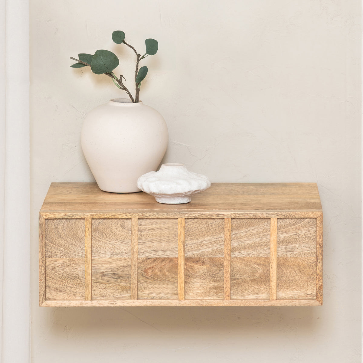 Arlo Solid Mango Wood Floating Shelf with Drawer - Natural