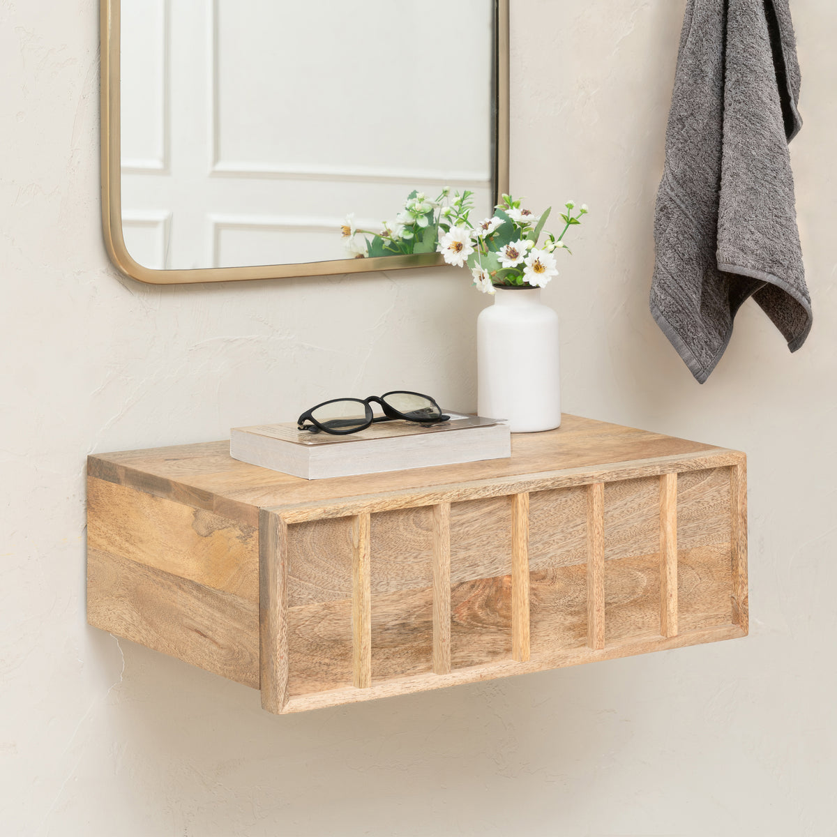 Arlo Solid Mango Wood Floating Shelf with Drawer - Natural