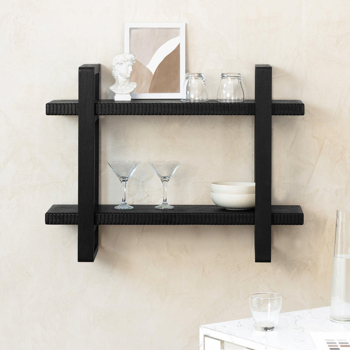 Ancona Solid Mango Wood 2 Tier Wall Mounted Shelf - Black