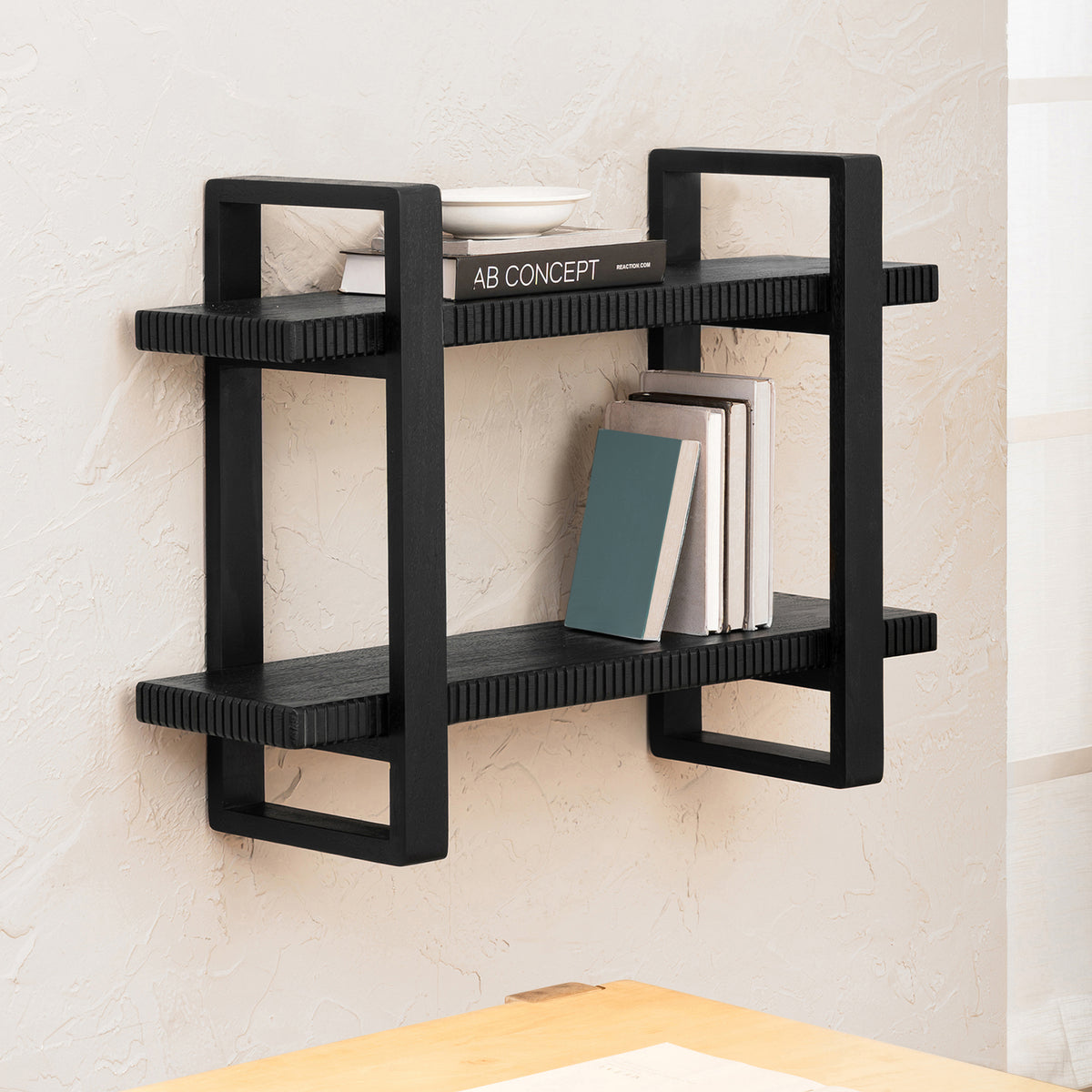 Ancona Solid Mango Wood 2 Tier Wall Mounted Shelf - Black