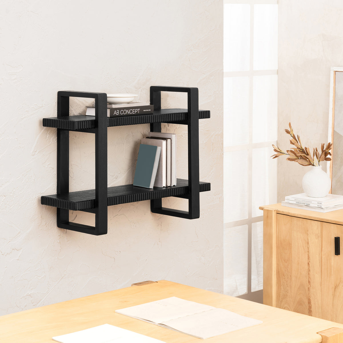 Ancona Solid Mango Wood 2 Tier Wall Mounted Shelf - Black