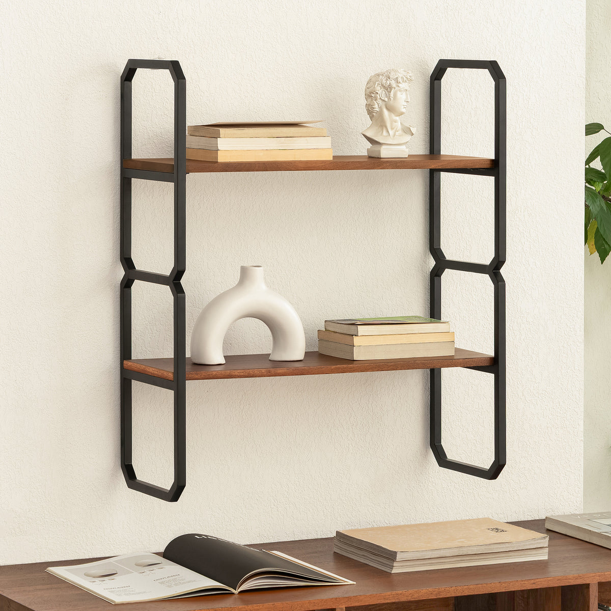 Deva Solid Wood & MS Iron Wall Mounted Accent Shelf - Walnut