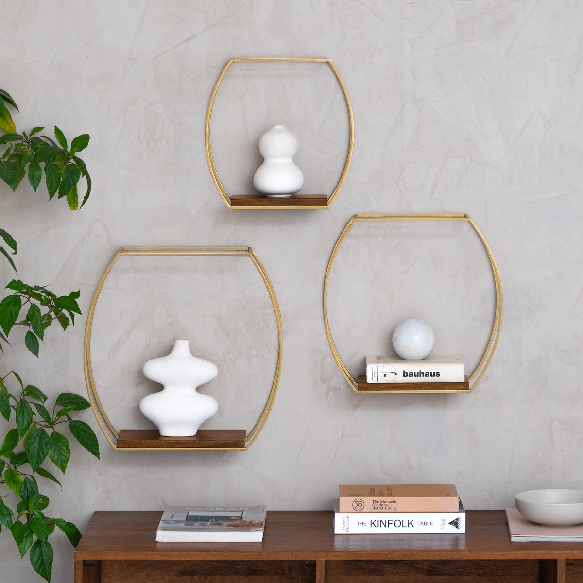 Mika set of 3 Wall Mounted Accent Shelves Solid Wood & Metal - Gold Plated & Walnut