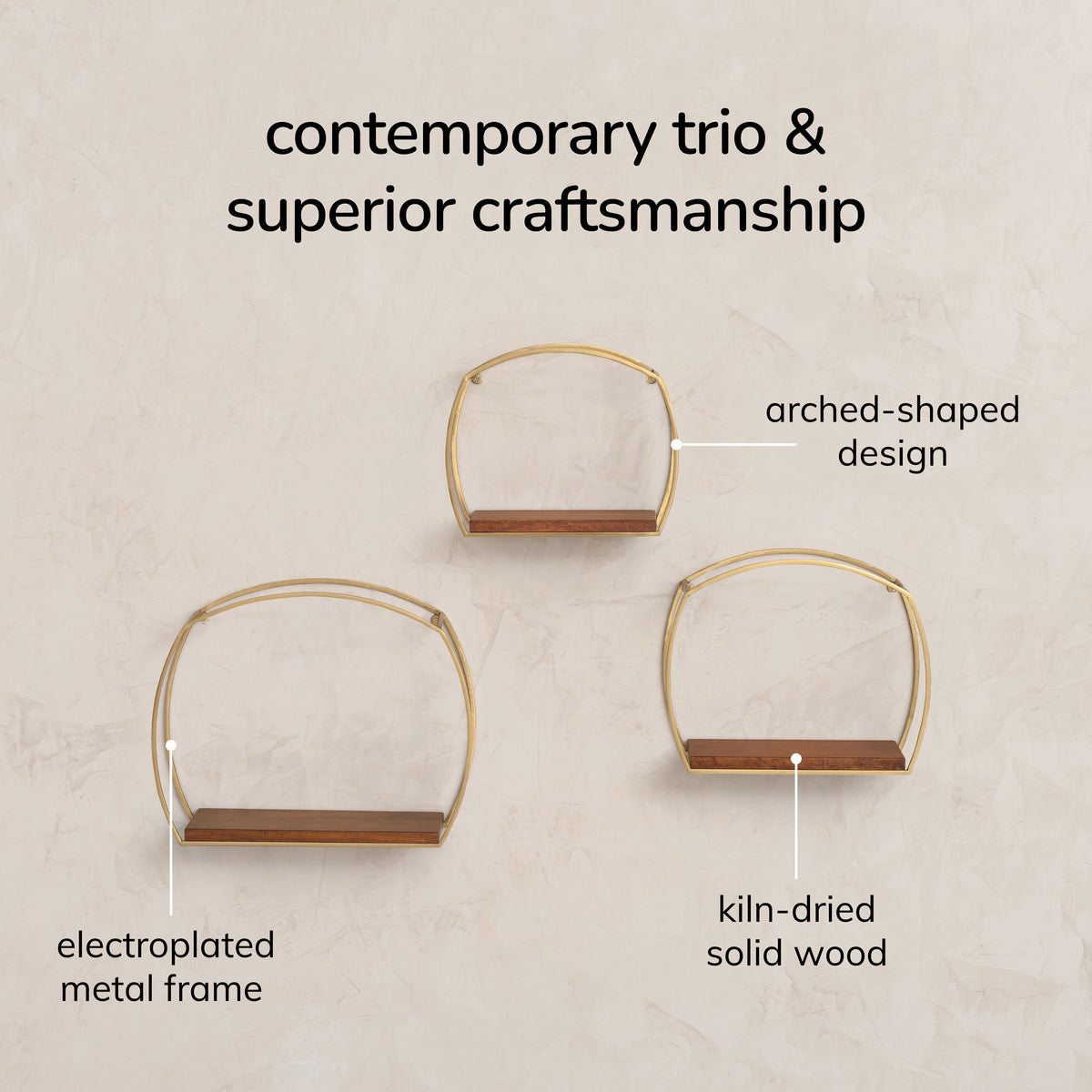 Faith set of 3 Wall Mounted Accent Shelves Solid Wood & Metal - Gold Plated & Walnut