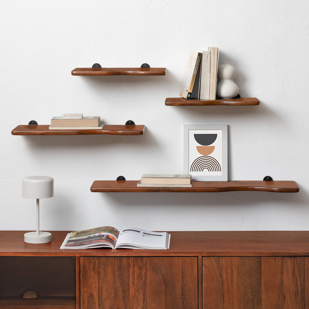 Richmond Set of 4 Solid Mango Wood Wall Mounted Shelves - Walnut