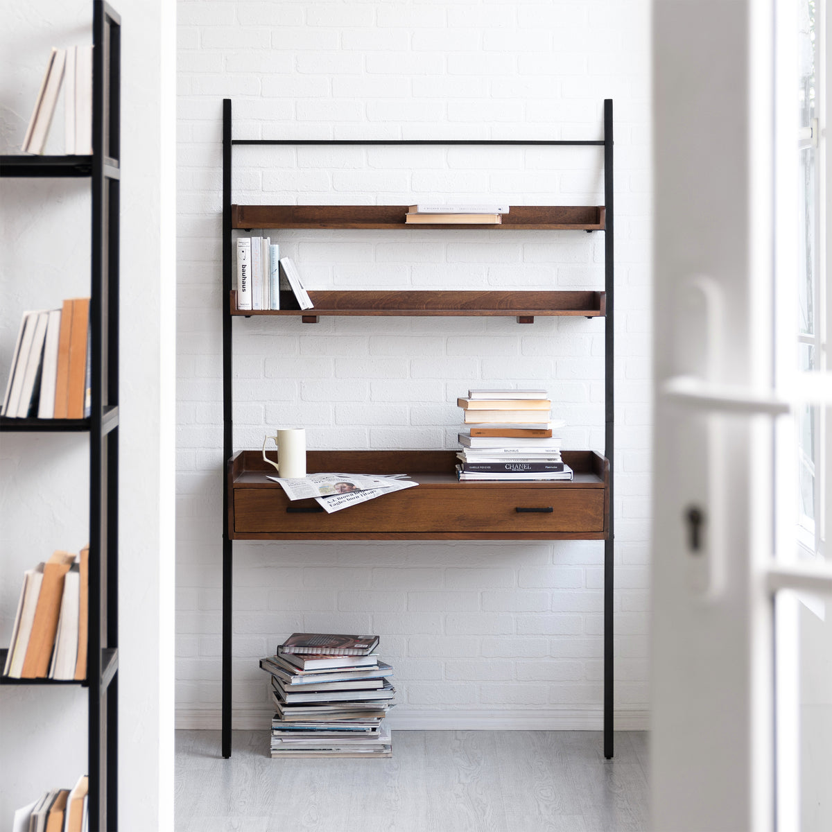 Champier Ladder Solid Wood & Metal Desk - Black & Walnut