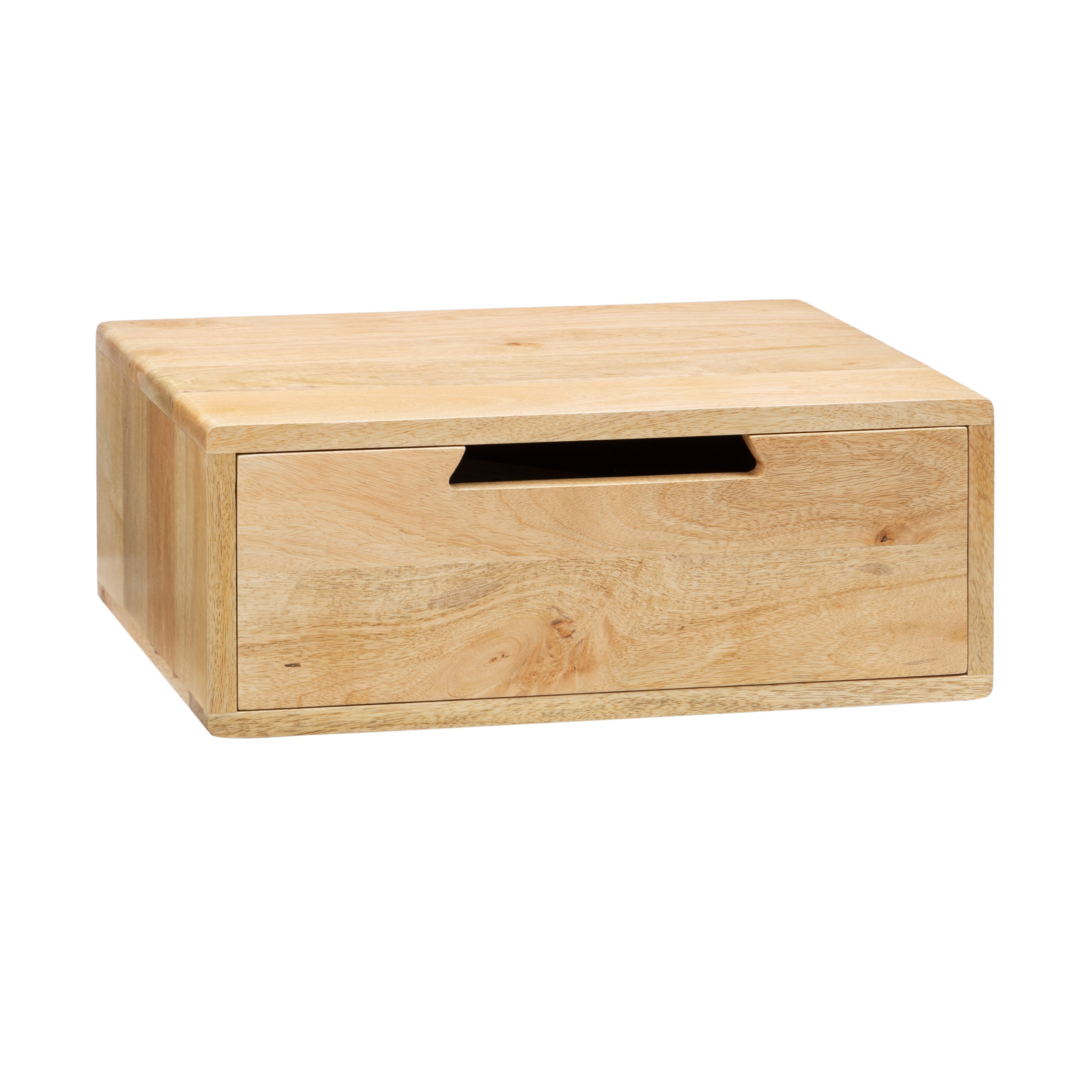 Wooden bedside table with a handle on a white background