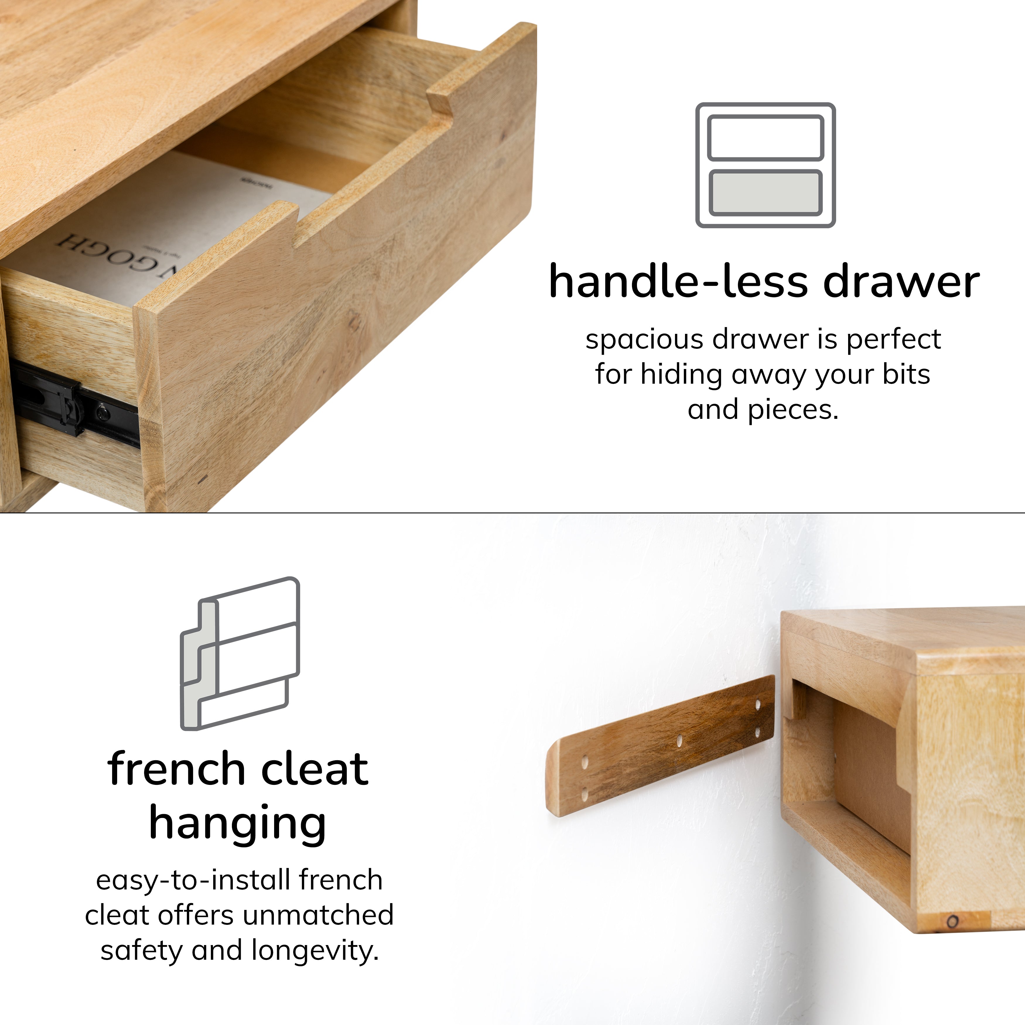 Wooden drawer with handle-less design and French cleat hanging system on a white background.