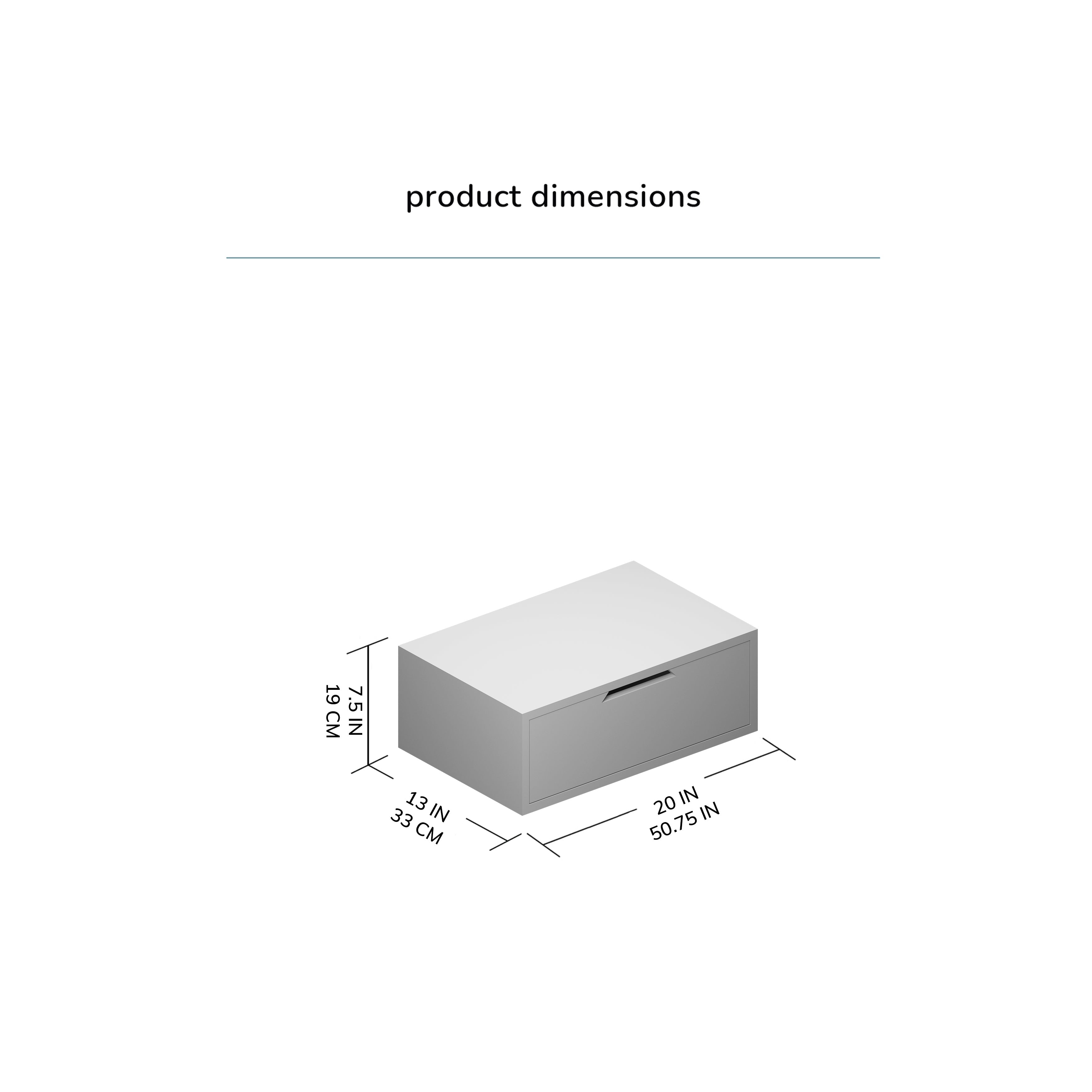 Product dimensions diagram of a rectangular bedside table nightstand with measurements in inches and centimeters.