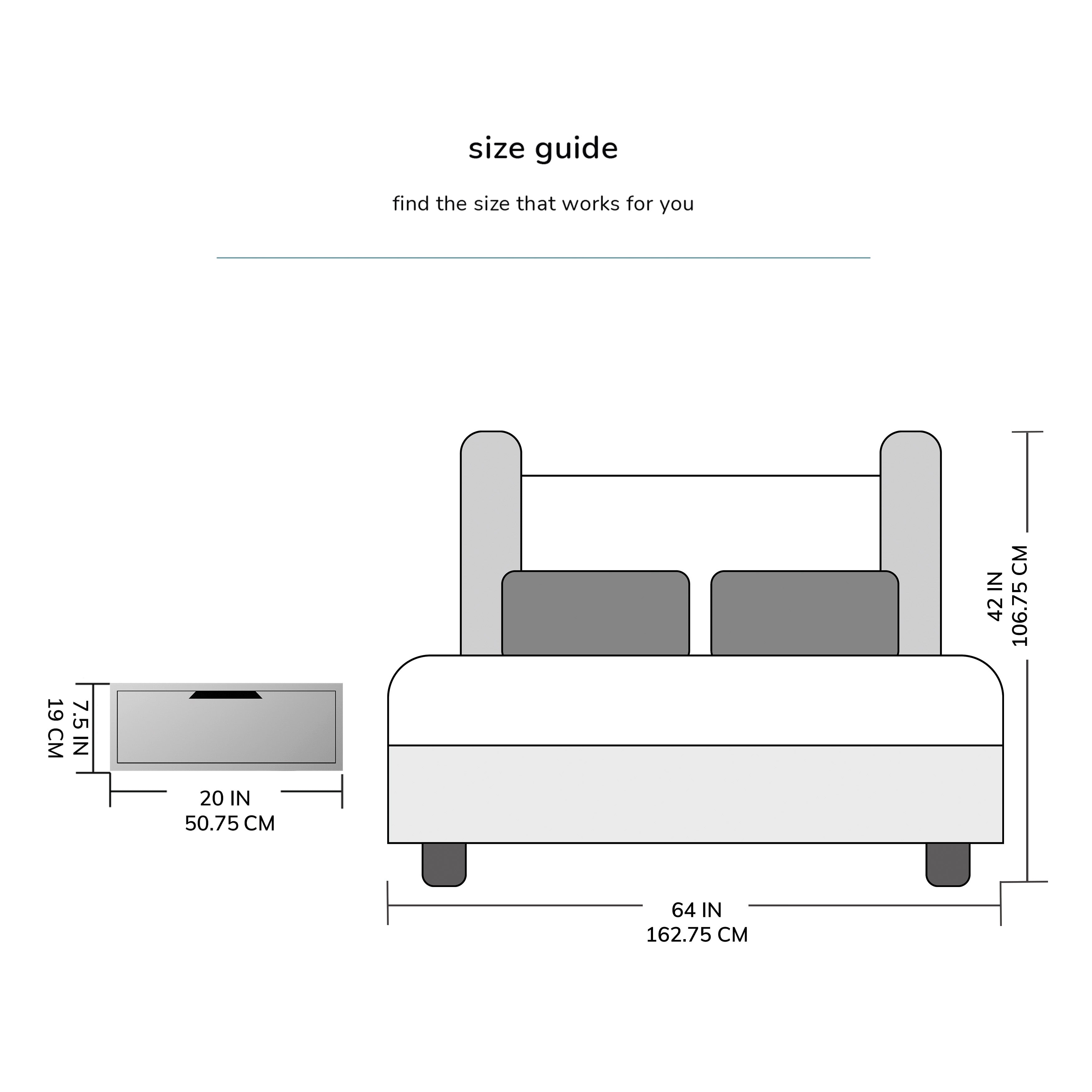 Dimensions of a bed with headboard and footboard shown on a white background