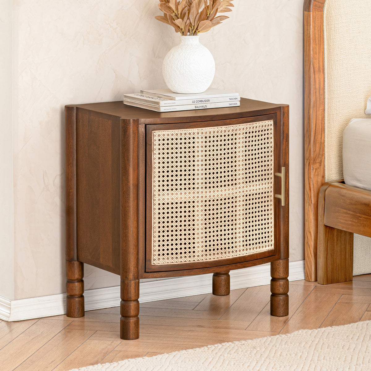 Elsie Solid Wood & Cane Nightstand - Walnut