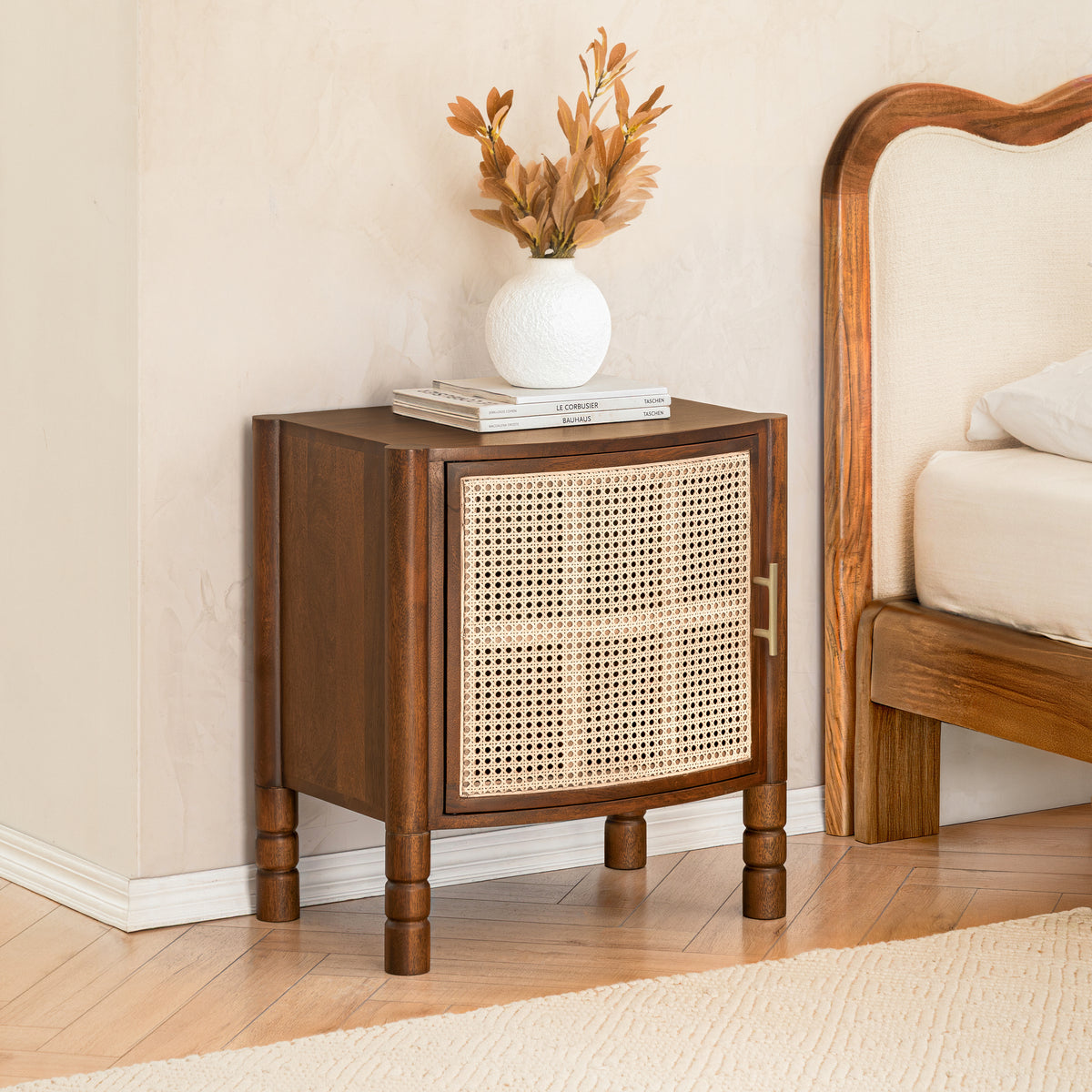 Elsie Solid Wood & Cane Nightstand - Walnut