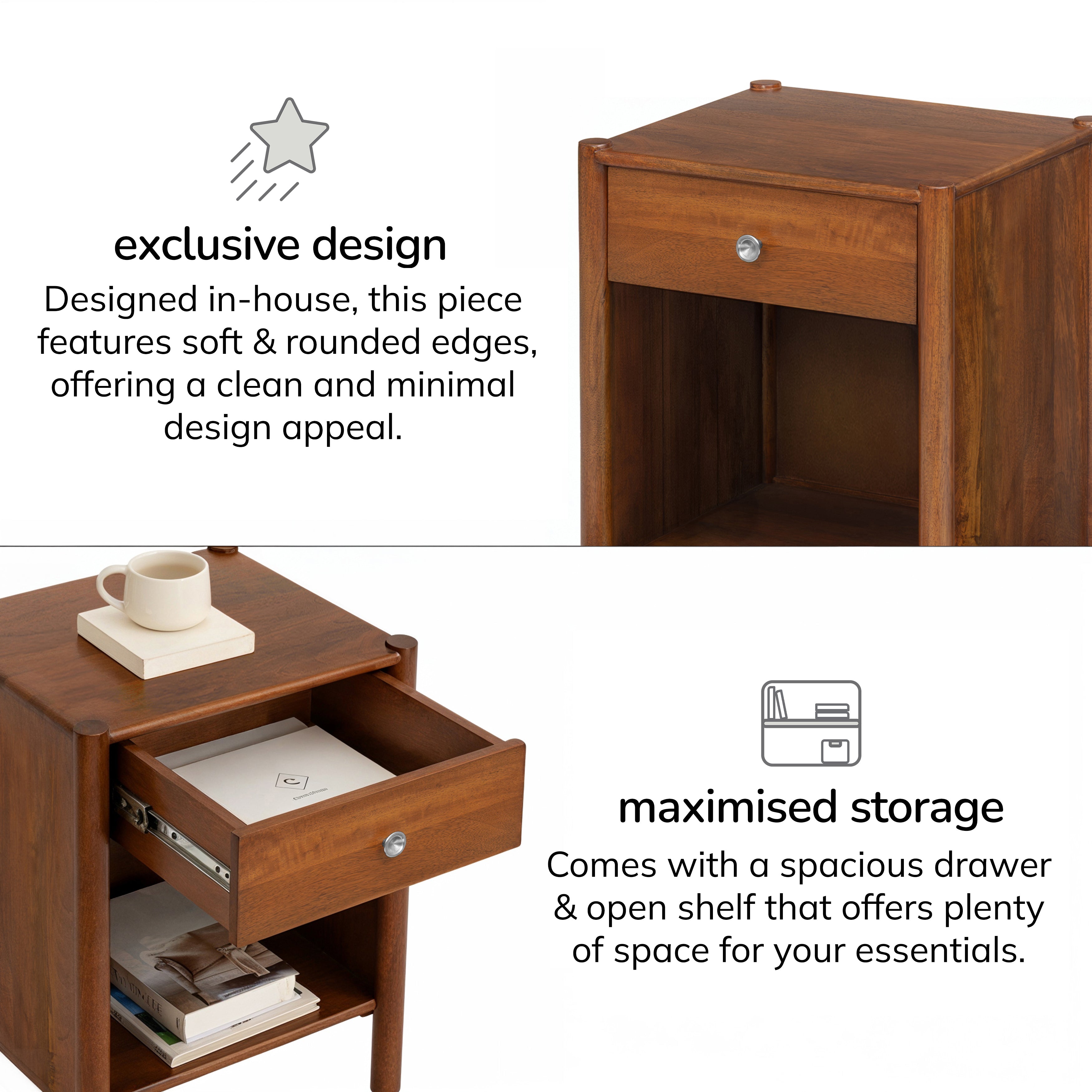 Eden Solid Wood Nightstand - Walnut