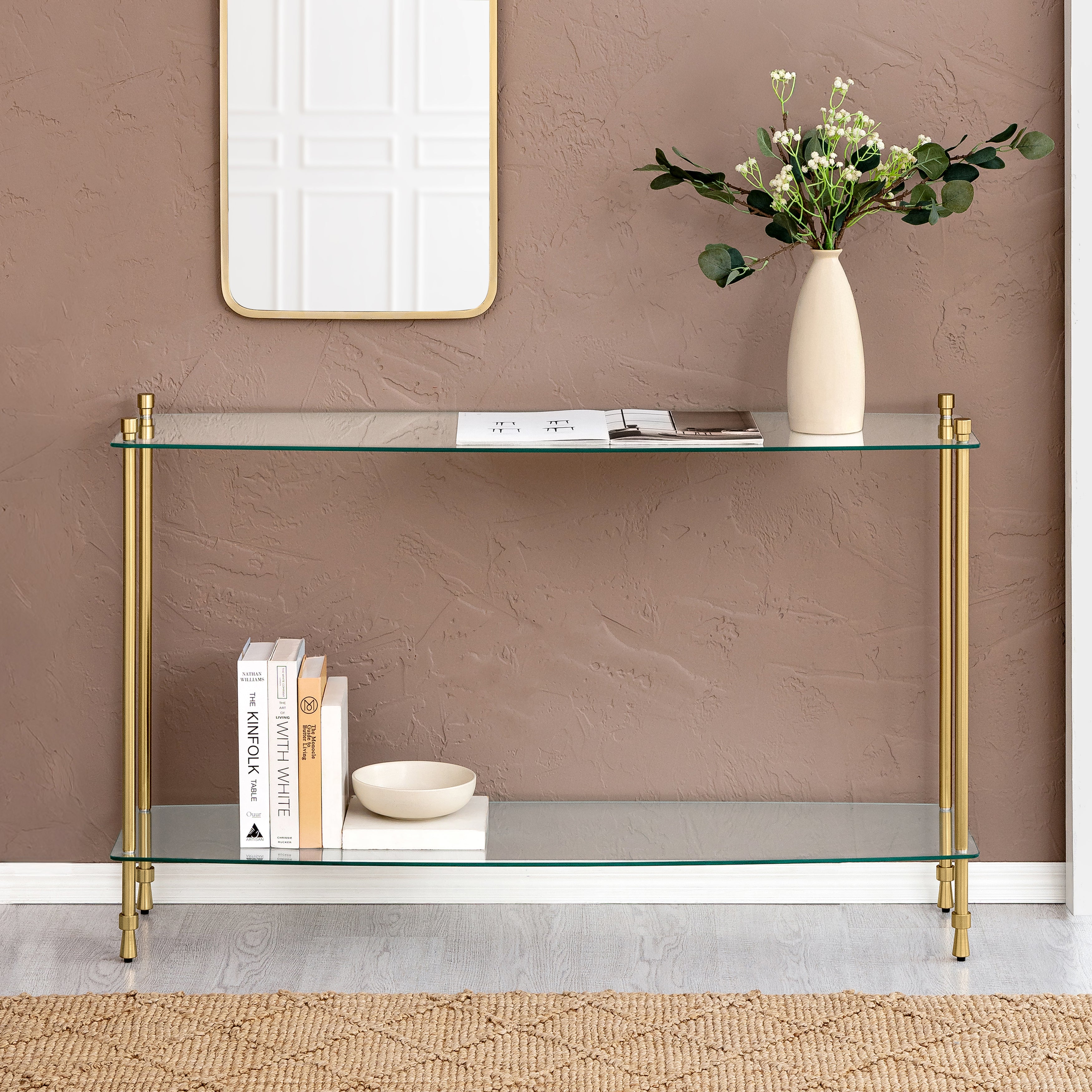 Veta Metal & Tempered Glass Console Table - Antique Brass