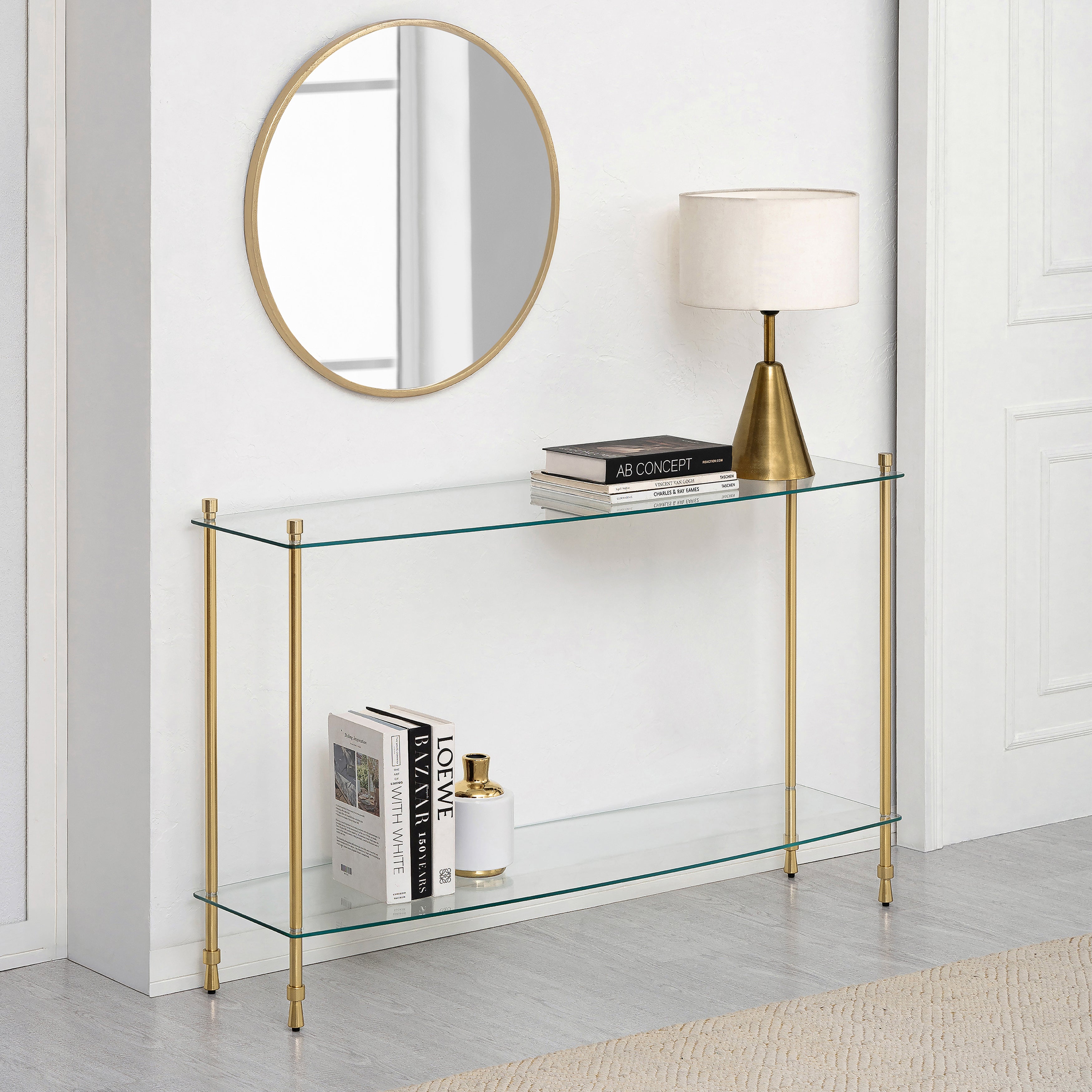 Veta Metal & Tempered Glass Console Table - Antique Brass