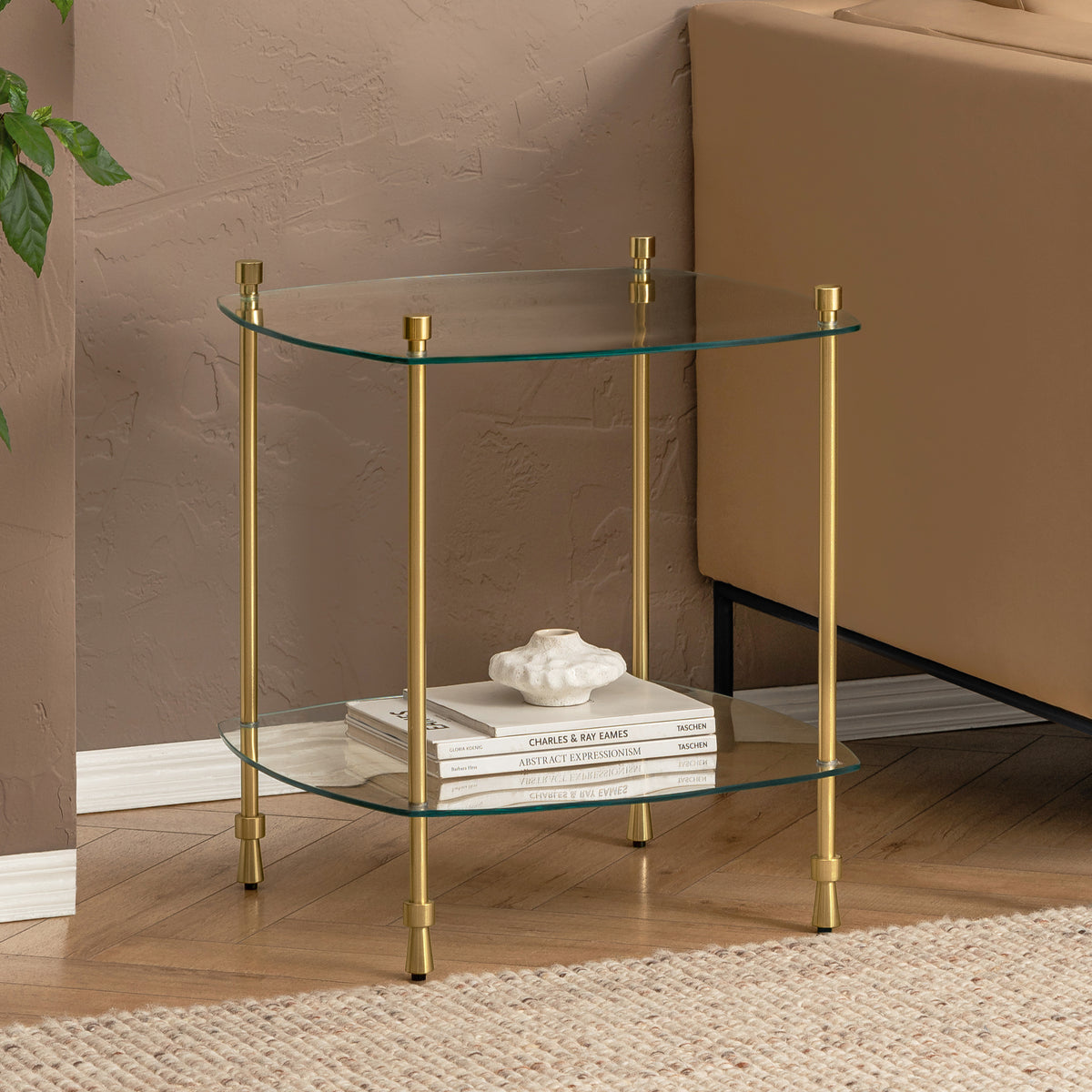 Veta Metal & Tempered Glass End Table - Antique Brass