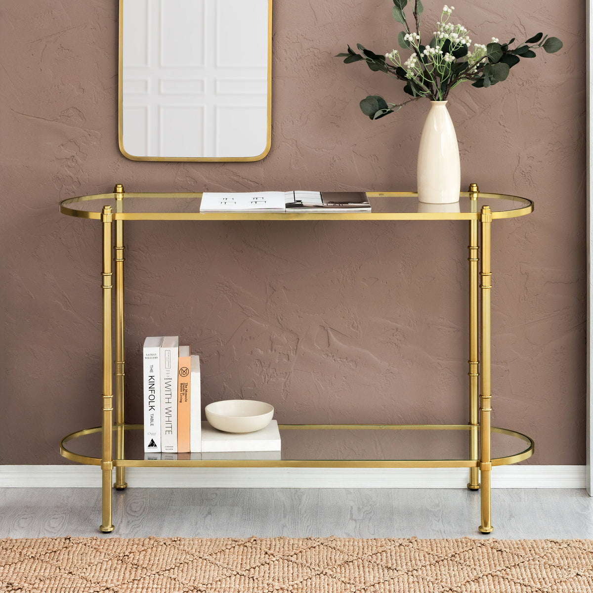 Remi Metal & Tempered Glass Console Table - Antique Brass