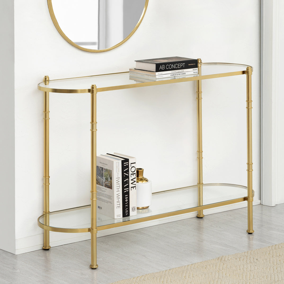 Remi Metal & Tempered Glass Console Table - Antique Brass