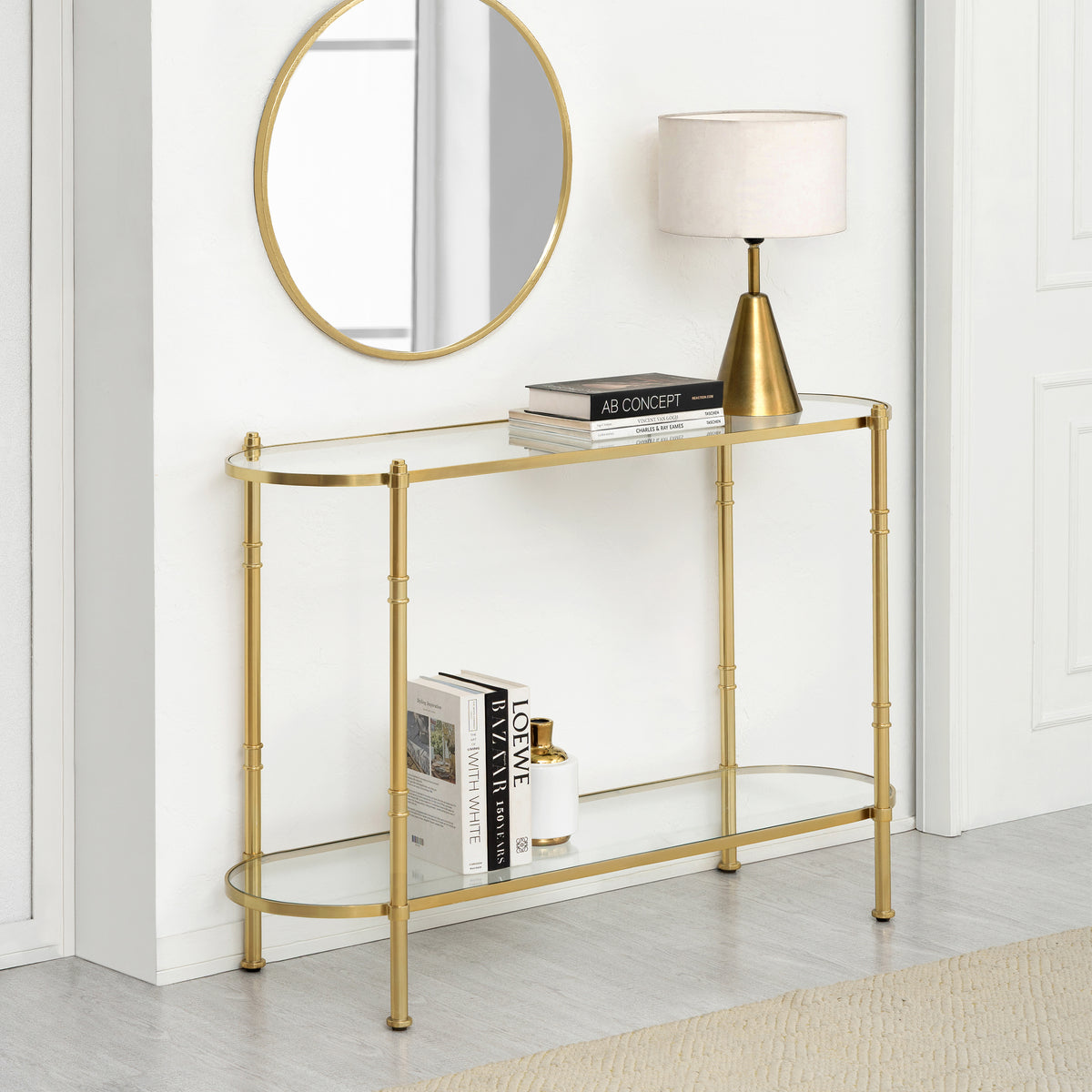 Remi Metal & Tempered Glass Console Table - Antique Brass