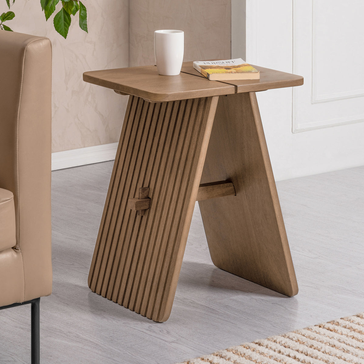 Lohan Solid Wood End Table in Cerused Taupe - Cerused Taupe