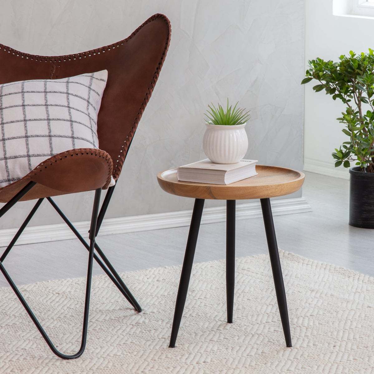 Chervey Solid Wood & Metal Small Tri Pin Side Table - Natural & Black
