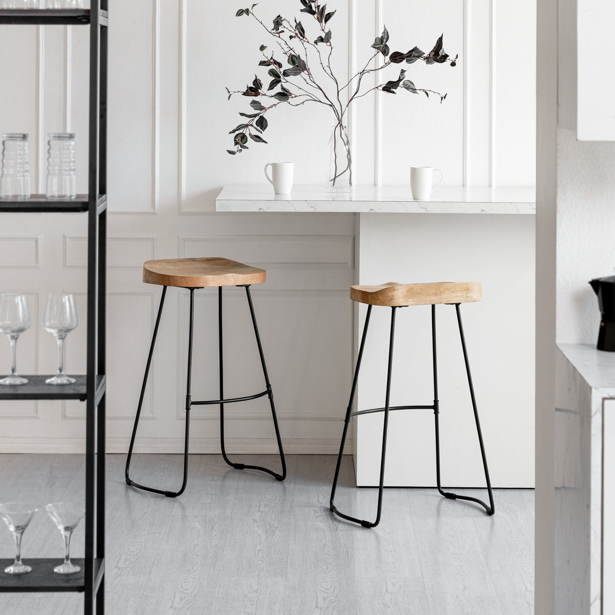 Lara Wood & Metal Bar Stools Set of 2 - Natural & Black