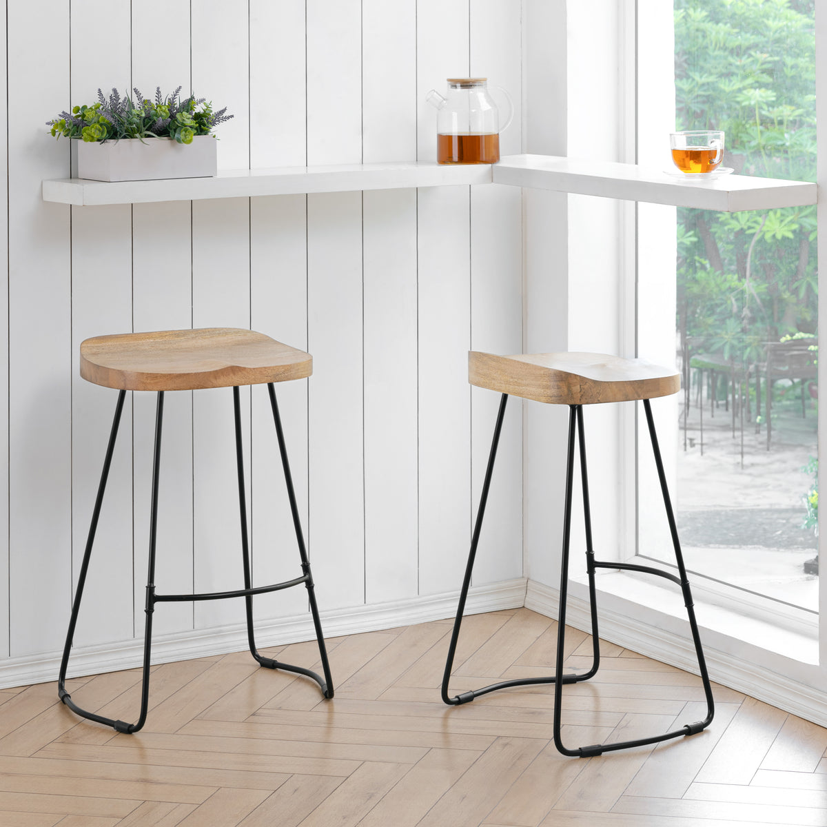 Lara Wood & Metal Counter Stools Set of 2 - Natural & Black