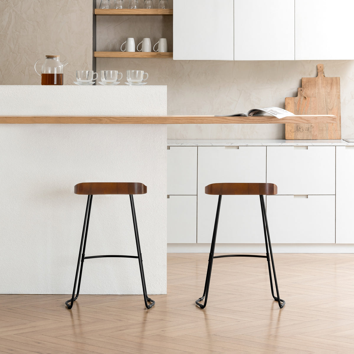 Lara Wood & Metal Counter Stools Set of 2 - Walnut & Black