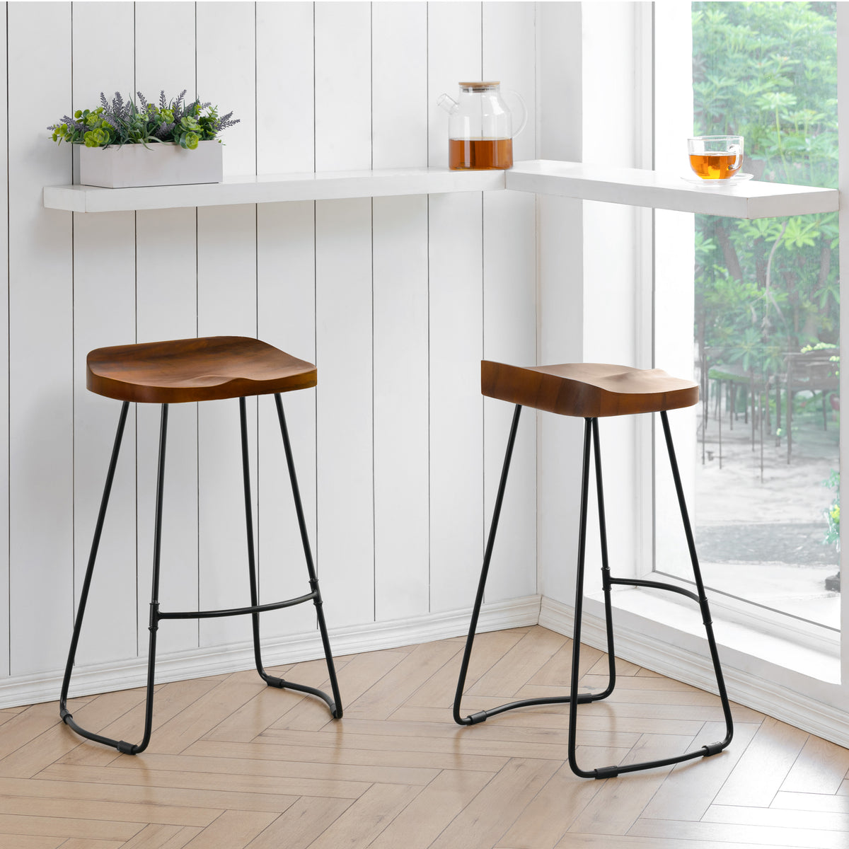 Lara Wood & Metal Counter Stools Set of 2 - Walnut & Black