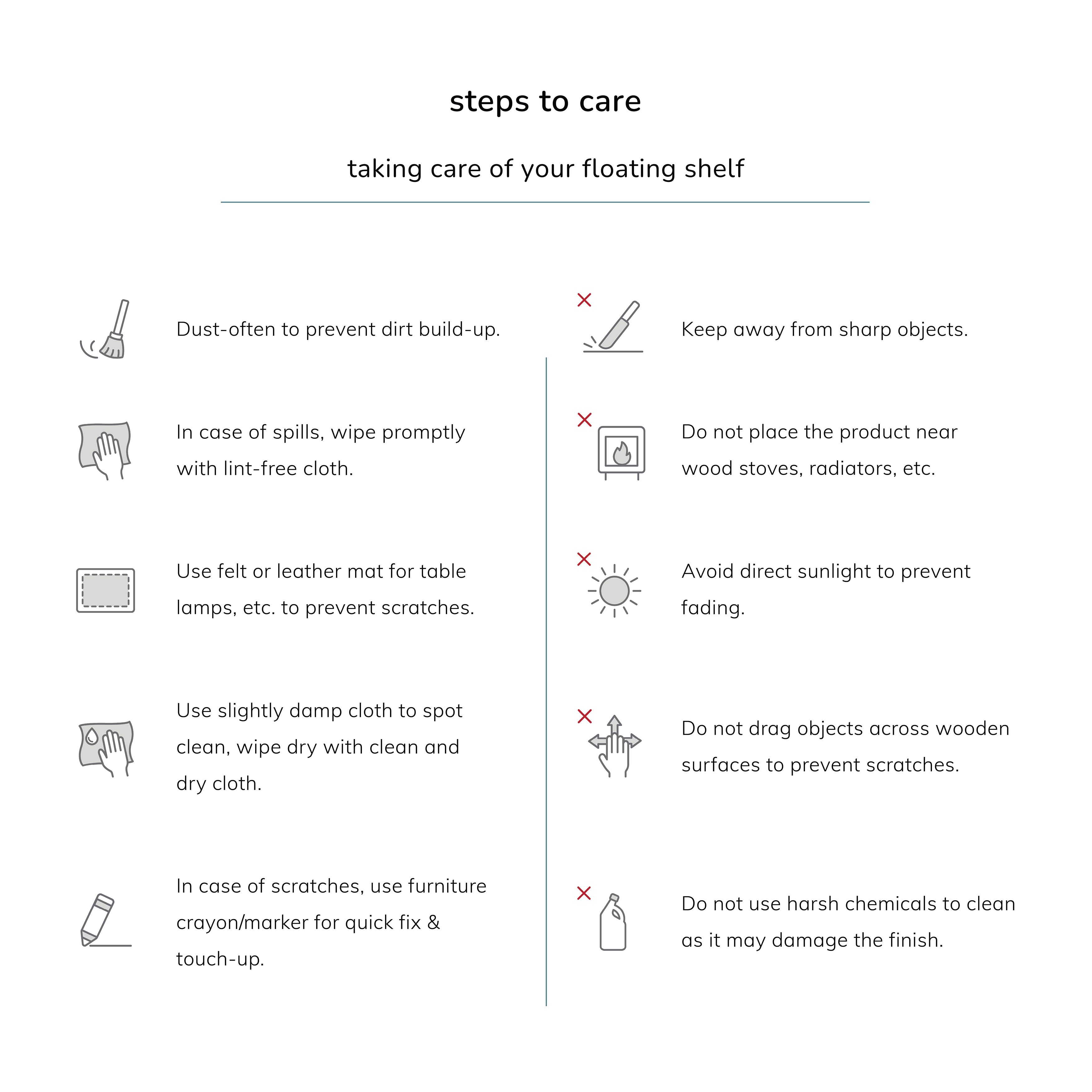 Care instructions for a floating shelf displayed on a white background