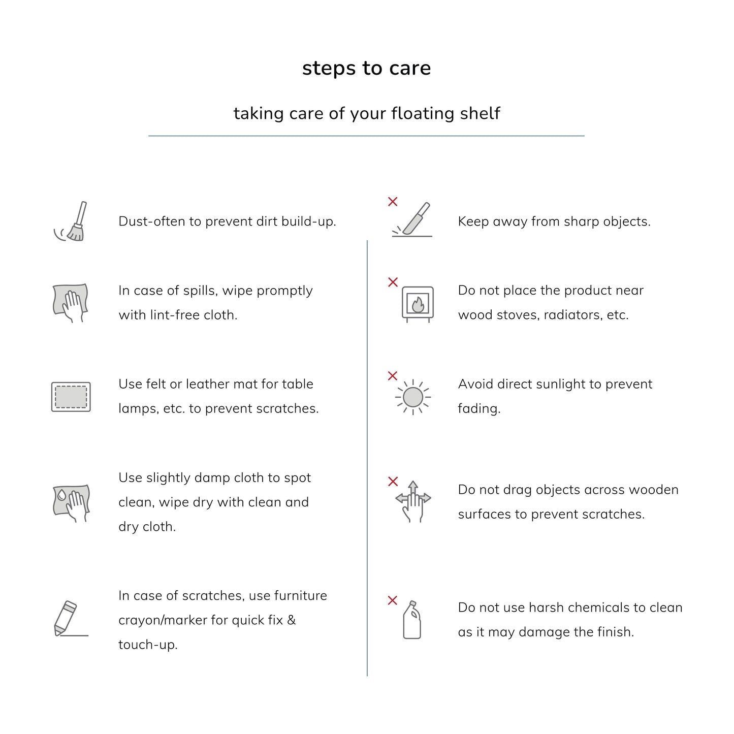 Care instructions for a floating shelf displayed on a white background