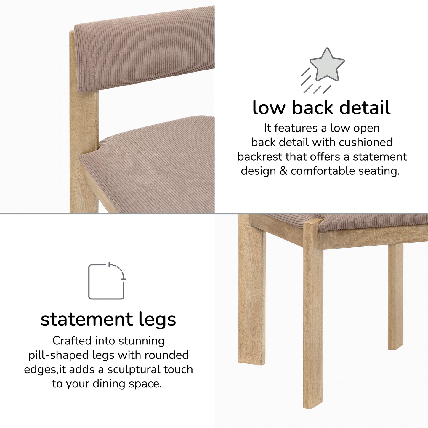 Tami Set of 2 Solid Wood & Upholstery Dining Accent Chairs -  Warm Sand