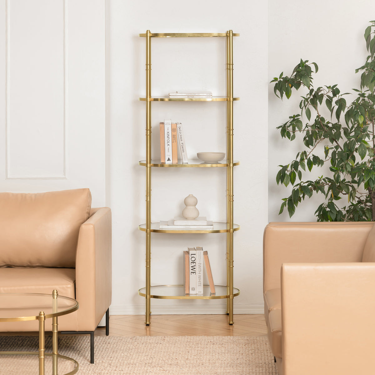 Remi Metal & Tempered Glass Bookcase - Antique Brass