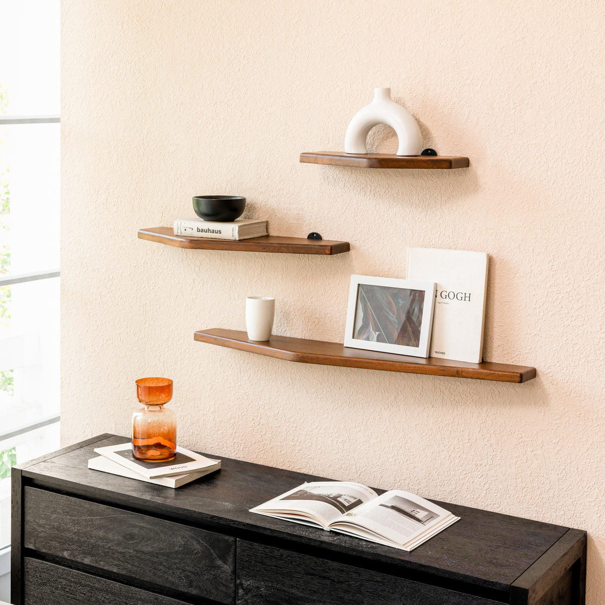 Force Set of 3 Wall Mounted Shelves - Walnut