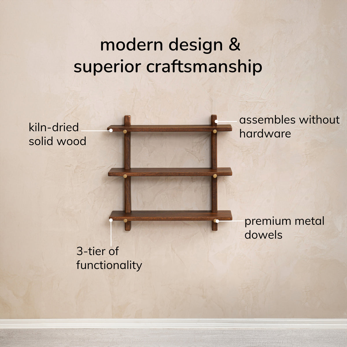Oliver Solid Wood Wall Mounted Shelf - Walnut-gold
