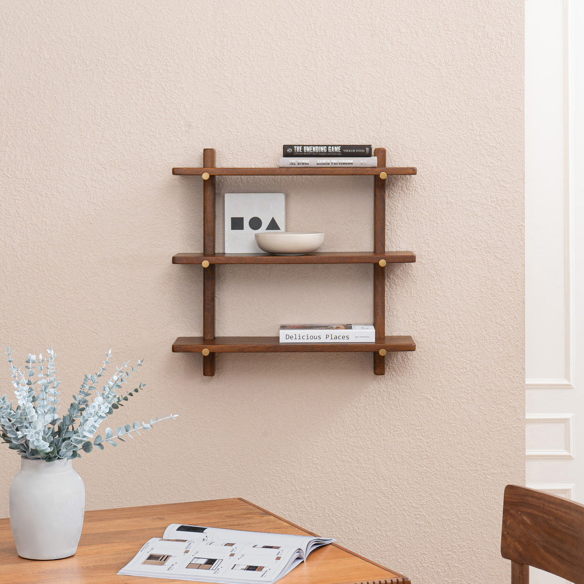 Oliver Solid Wood Wall Mounted Shelf - Walnut-gold