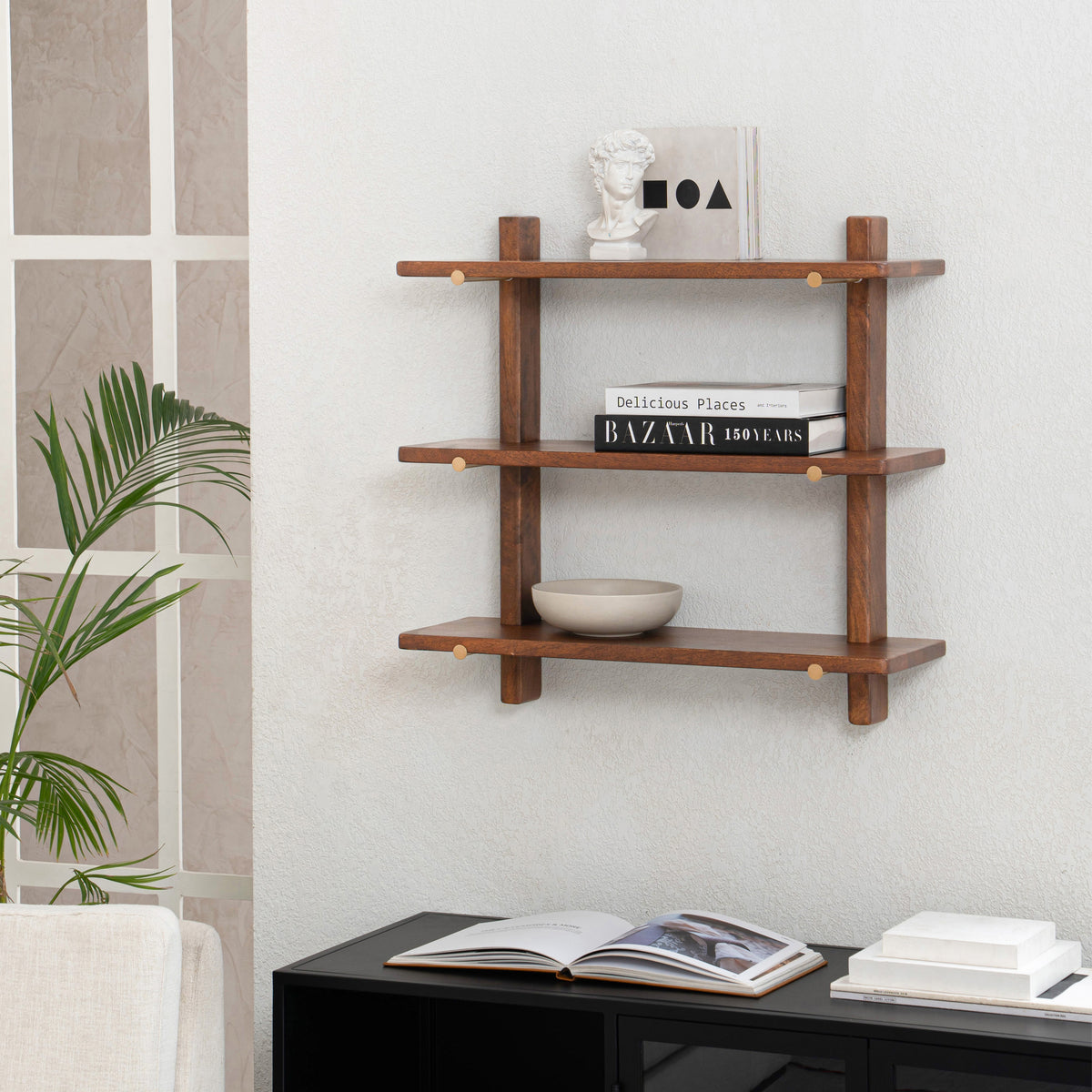 Oliver Solid Wood Wall Mounted Shelf - Walnut-gold