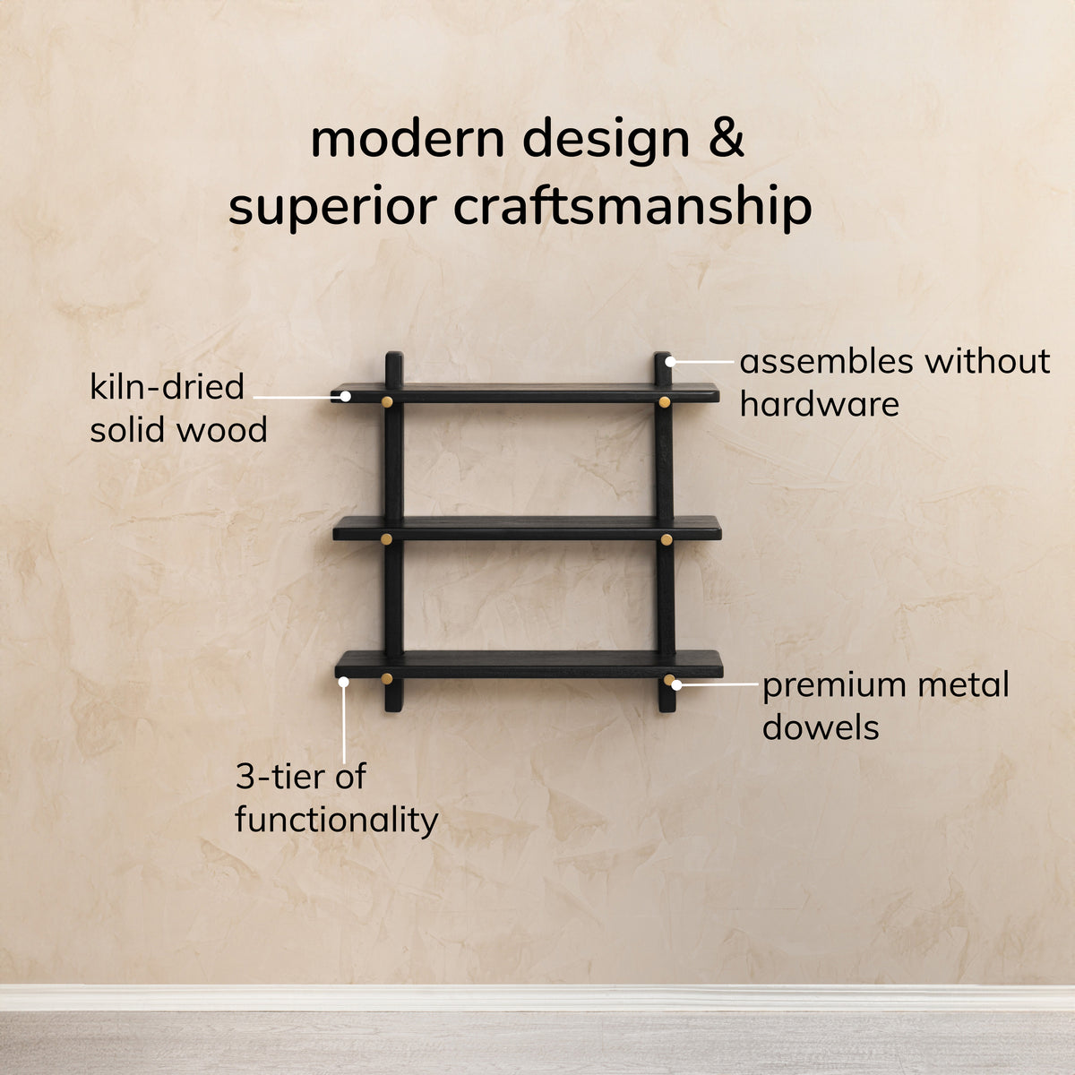 Oliver Solid Wood Wall Mounted Shelf - Black-gold