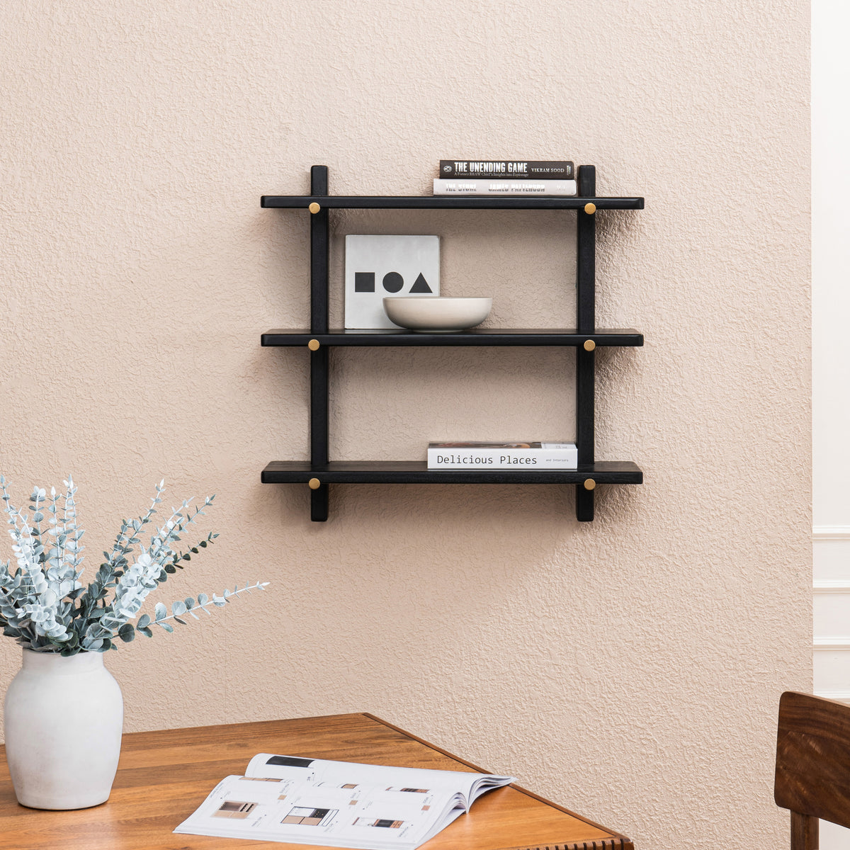 Oliver Solid Wood Wall Mounted Shelf - Black-gold