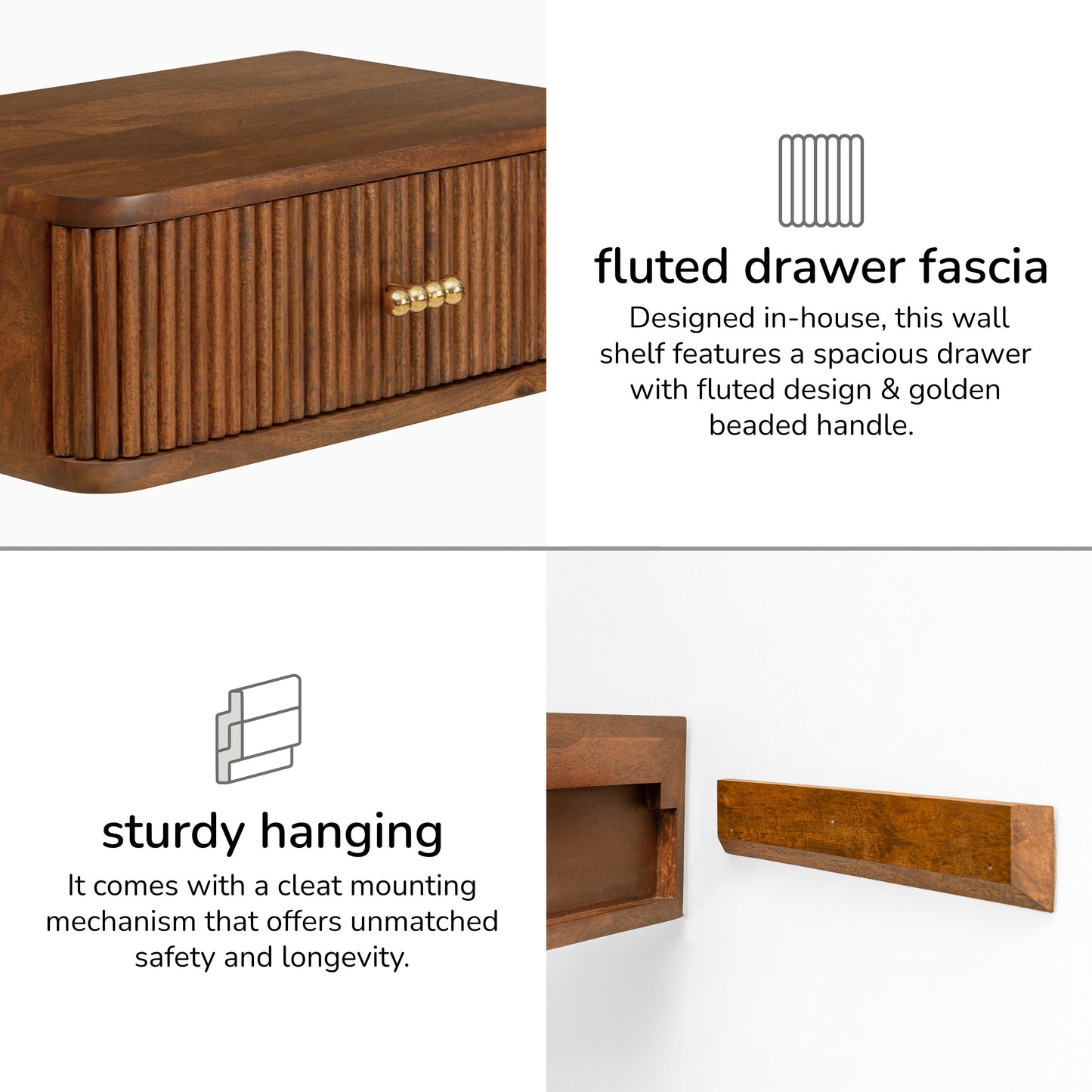 Albert Solid Mango Wood Floating Shelf with Drawer - Walnut