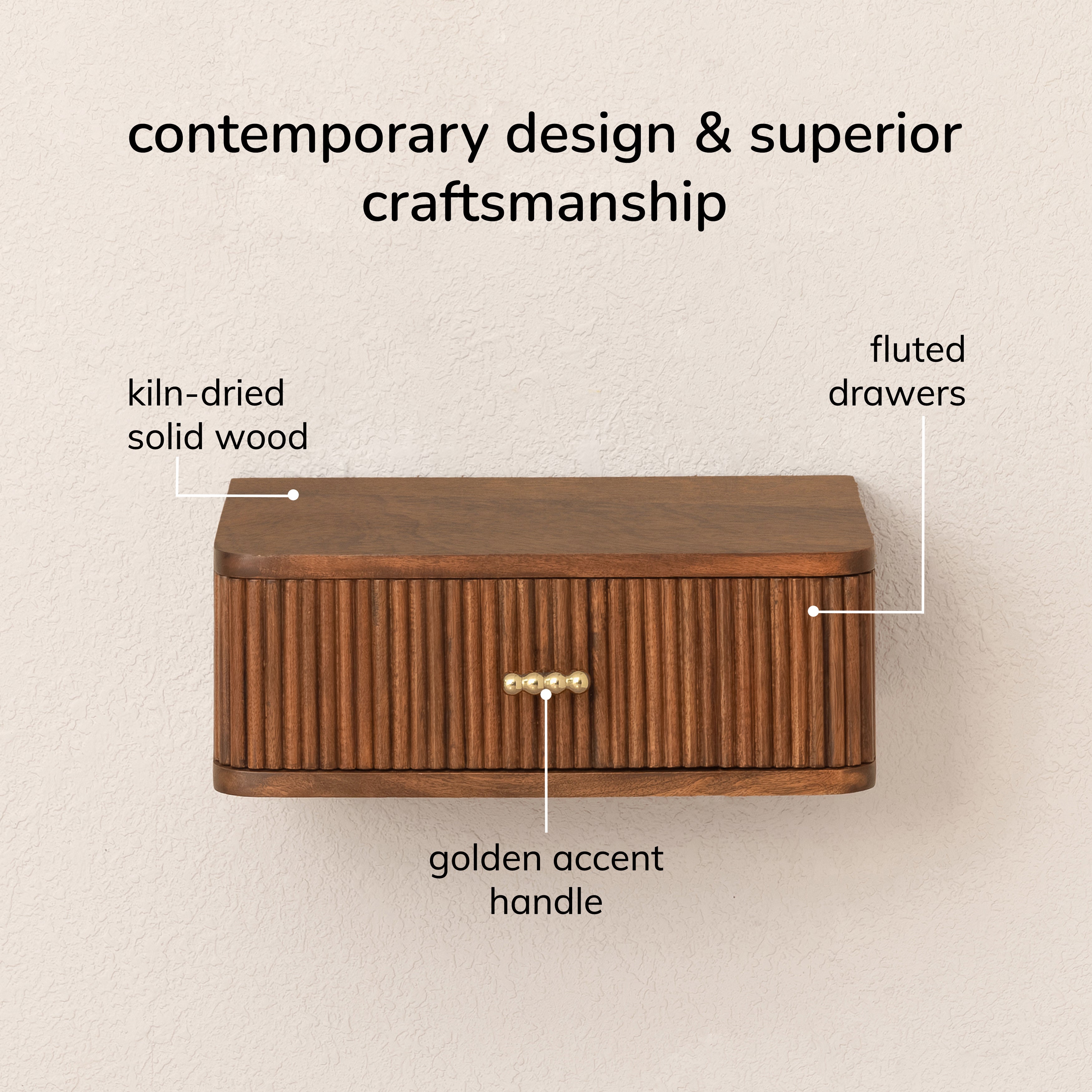 Albert Solid Mango Wood Floating Shelf with Drawer - Walnut