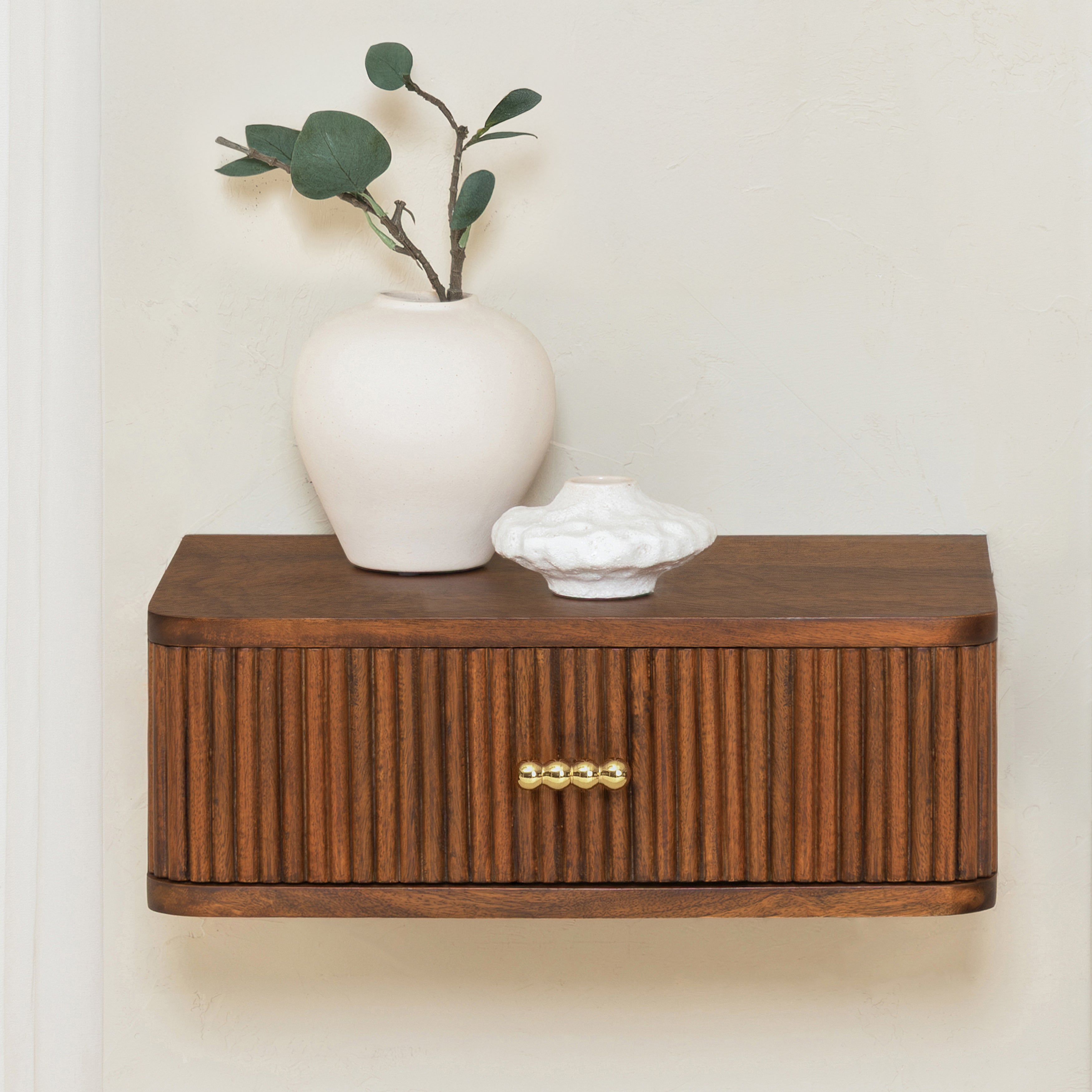 Albert Solid Mango Wood Floating Shelf with Drawer - Walnut